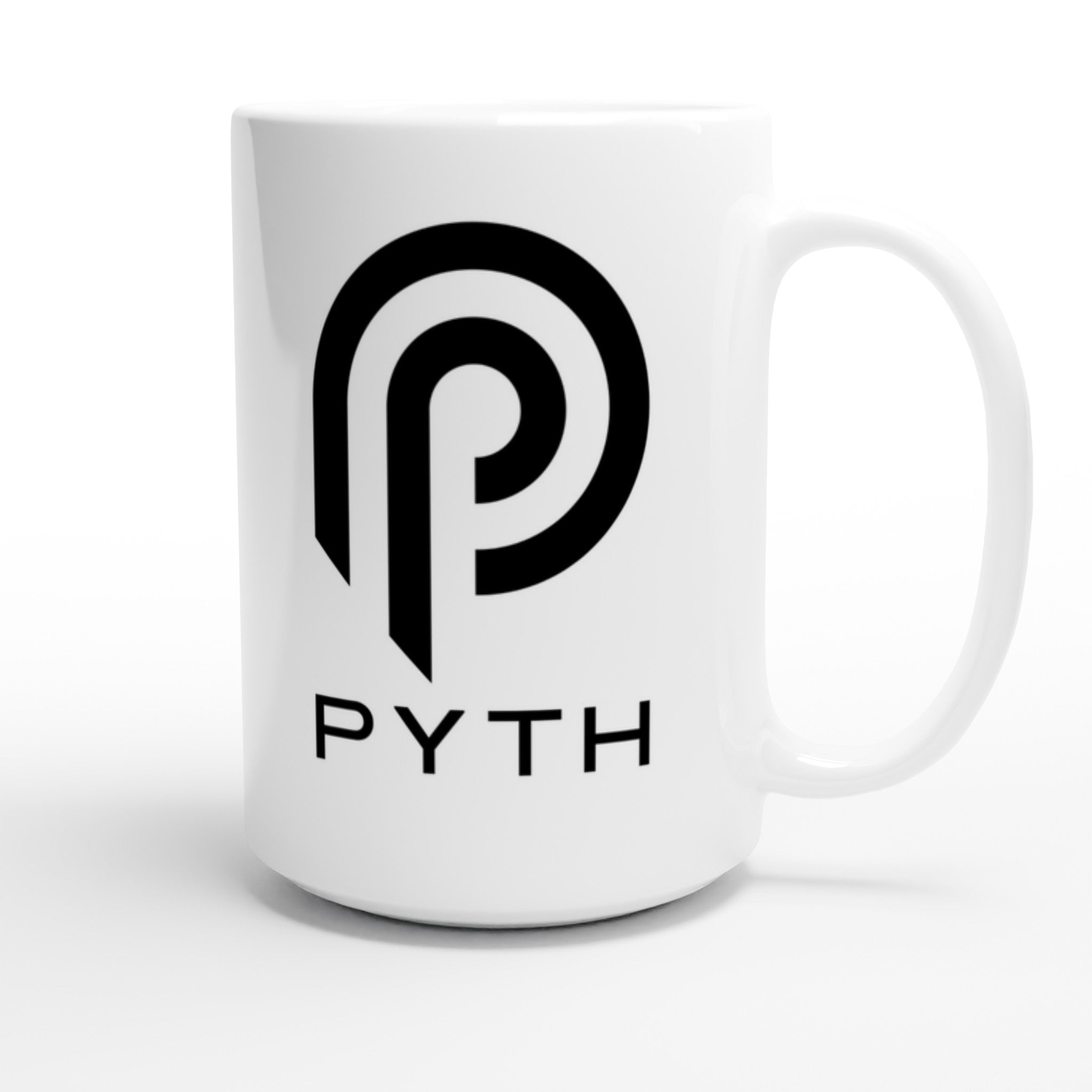 White mug with black logo and 'PYTH' text on a white background