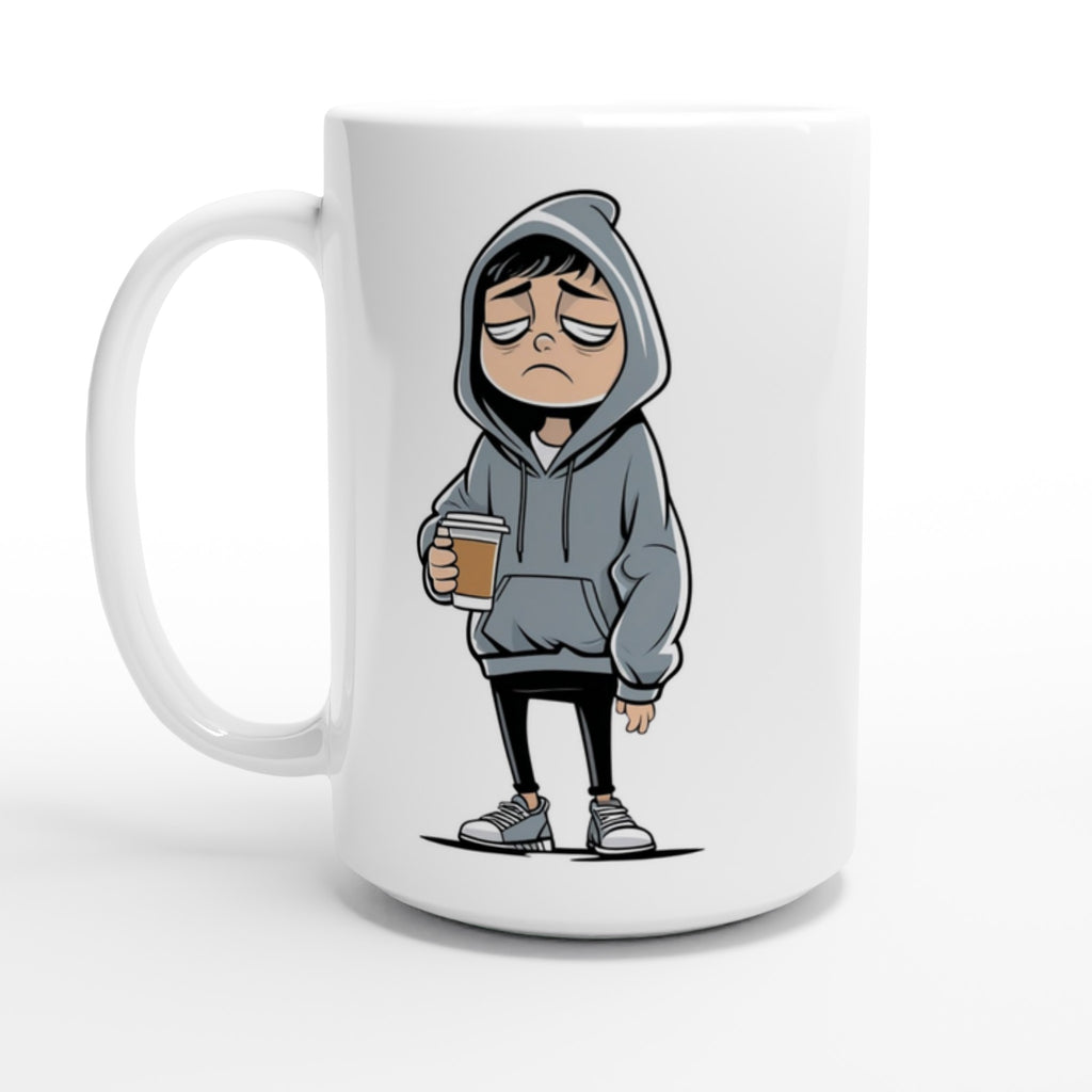 Mug with a cartoon character wearing a hoodie and holding a coffee cup on a white background
