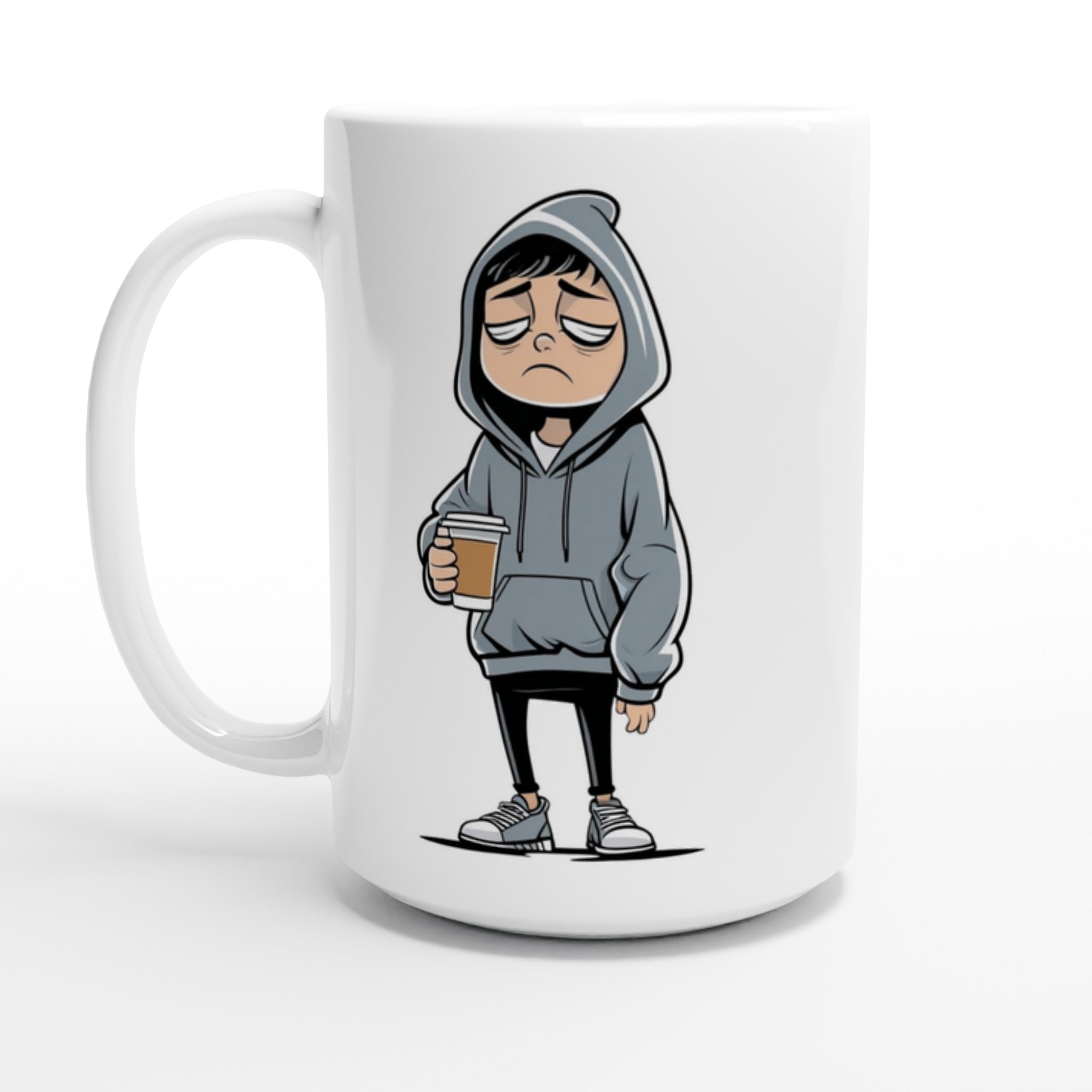 Mug with a cartoon character wearing a hoodie and holding a coffee cup on a white background