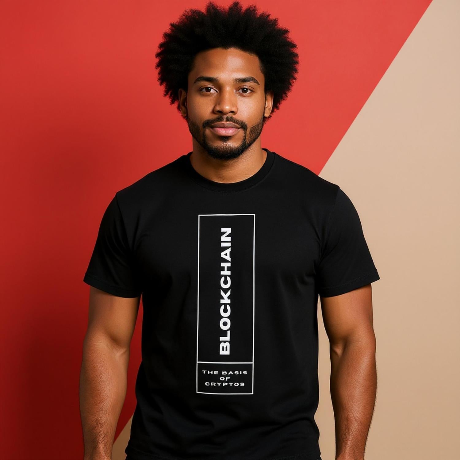 Man wearing a black t-shirt with 'Blockchain: The Basis of Cryptos' text on a red and beige background