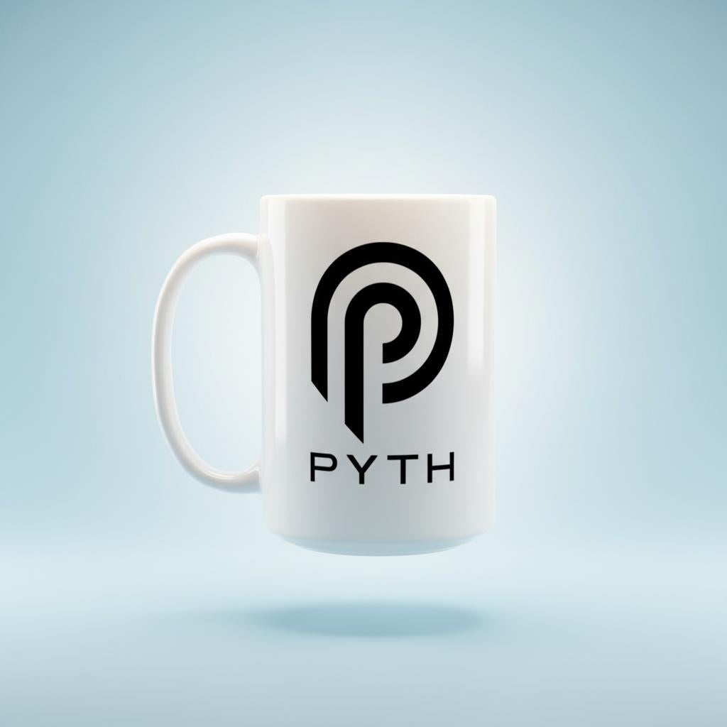 White mug with a black logo and 'PYTH' text on a light blue background