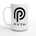 White mug with black logo and 'PYTH' text on a white background