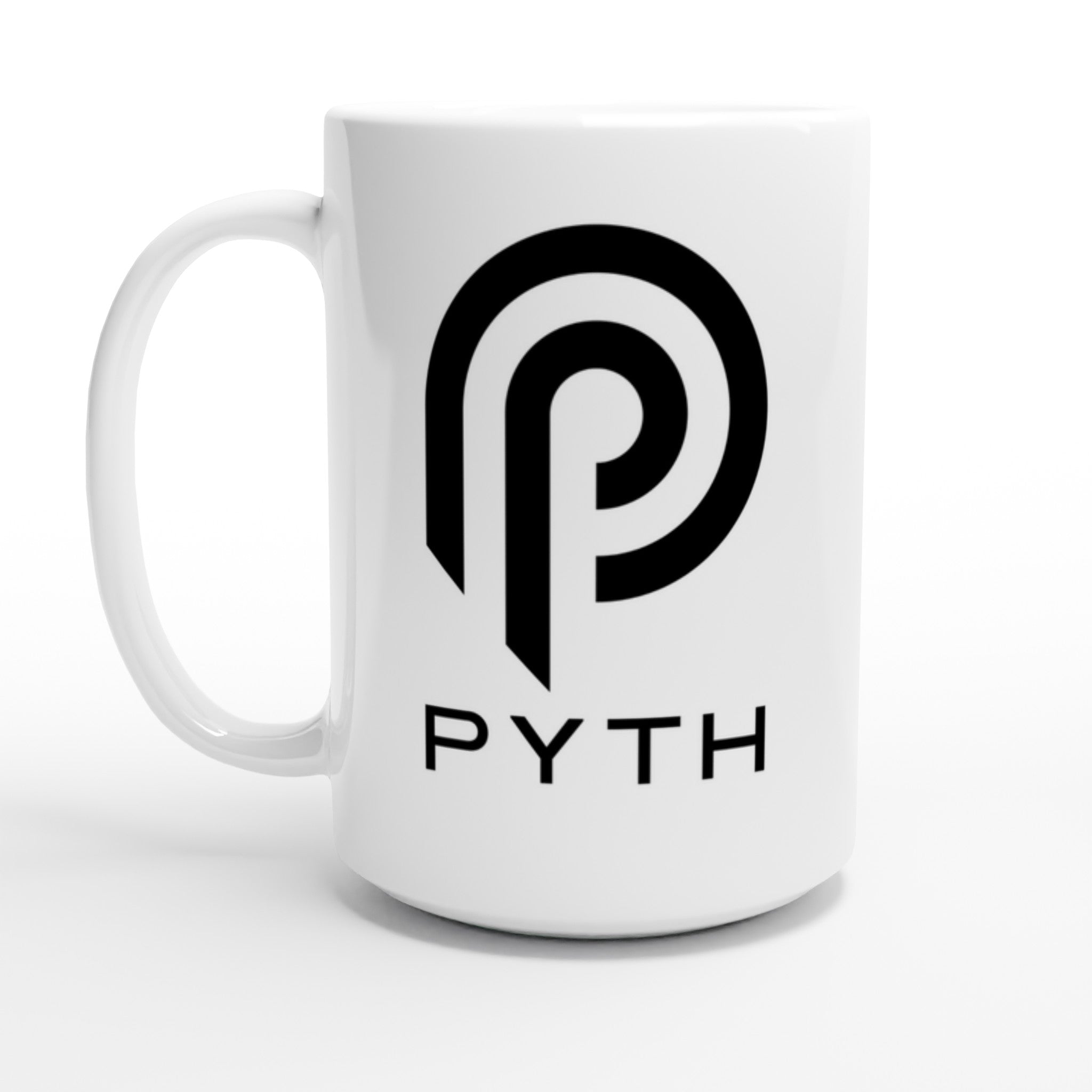 White mug with black logo and 'PYTH' text on a white background