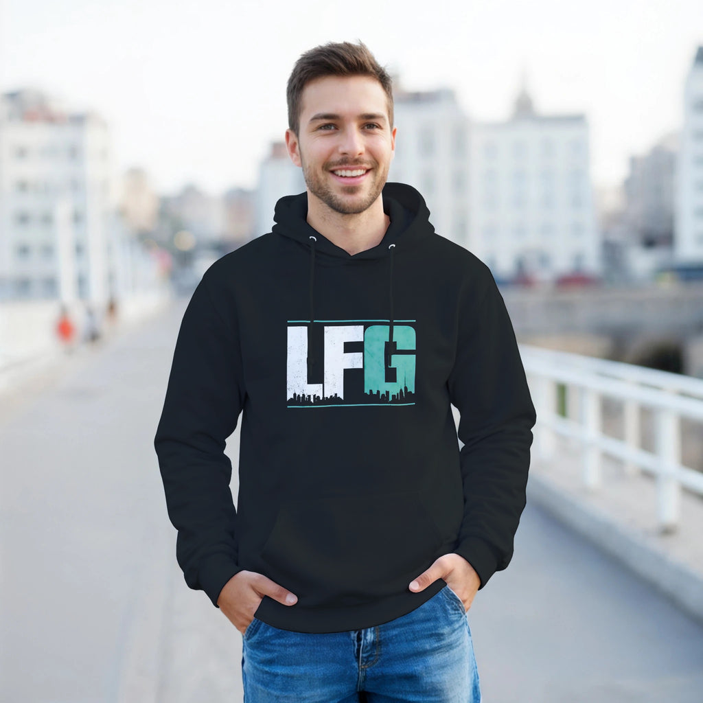 Man wearing a black hoodie with 'LFG' logo on a blurred city street background