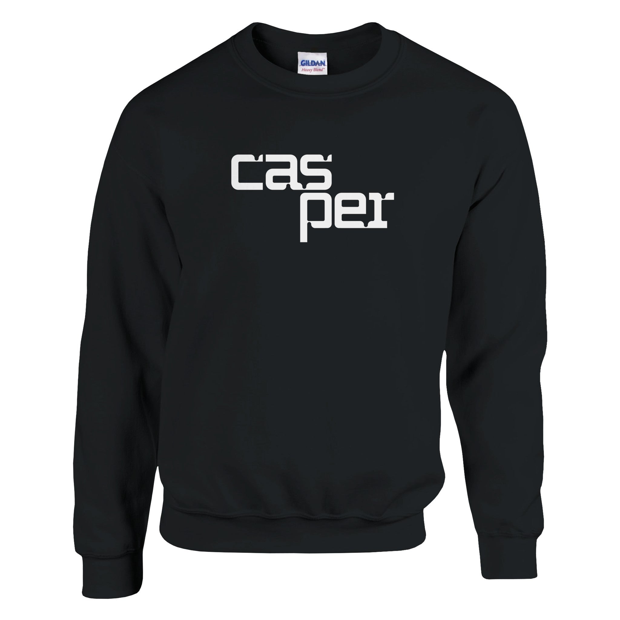 Black sweatshirt with 'casper' printed on it against a white background