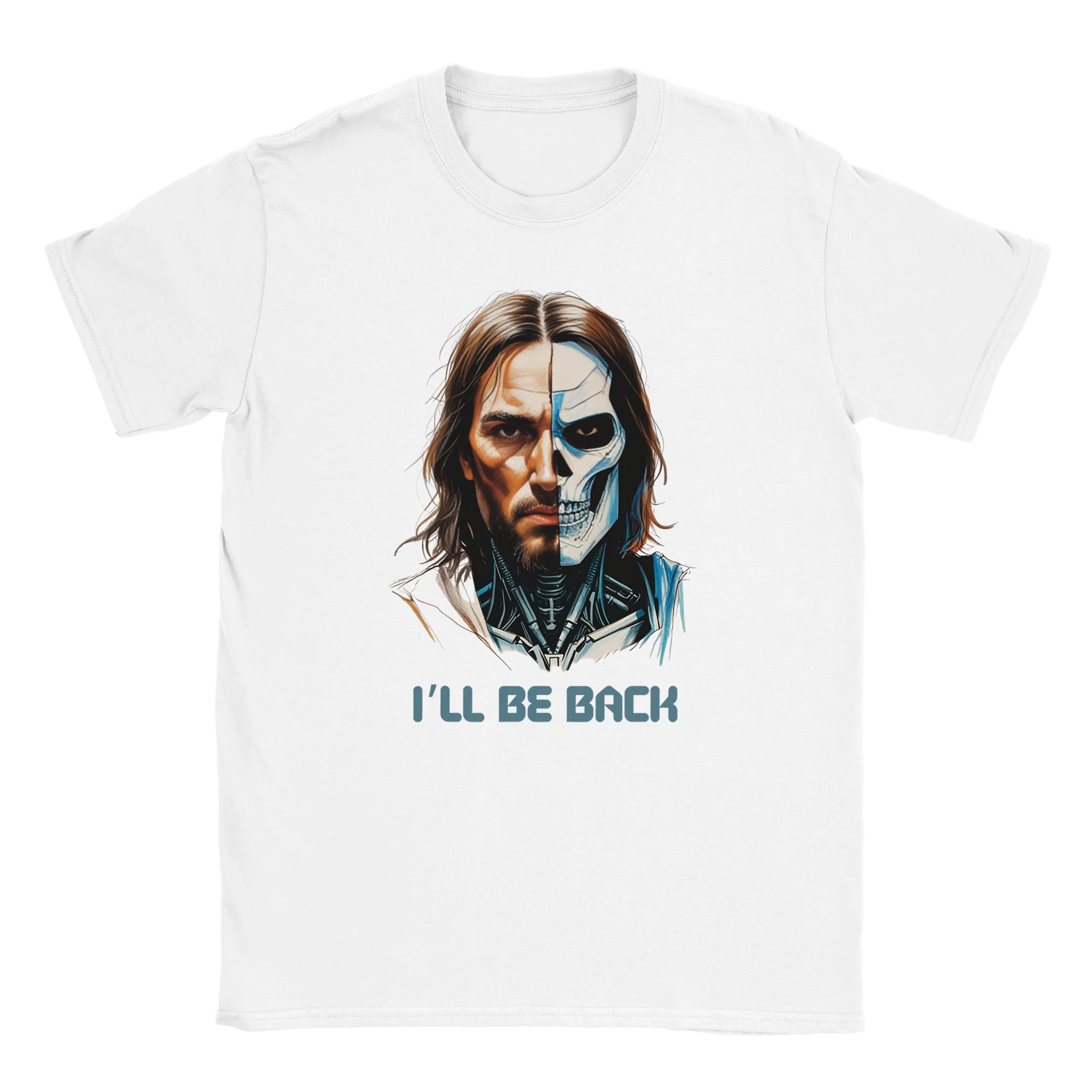 White t-shirt with a graphic design of a character with a skull mask and text 'I'll Be Back' on a white background.