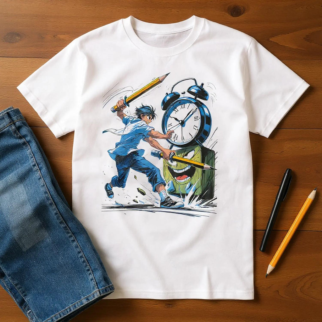 White t-shirt with a graphic design of a character with a pencil and a monster with an alarm clock on a wooden surface.