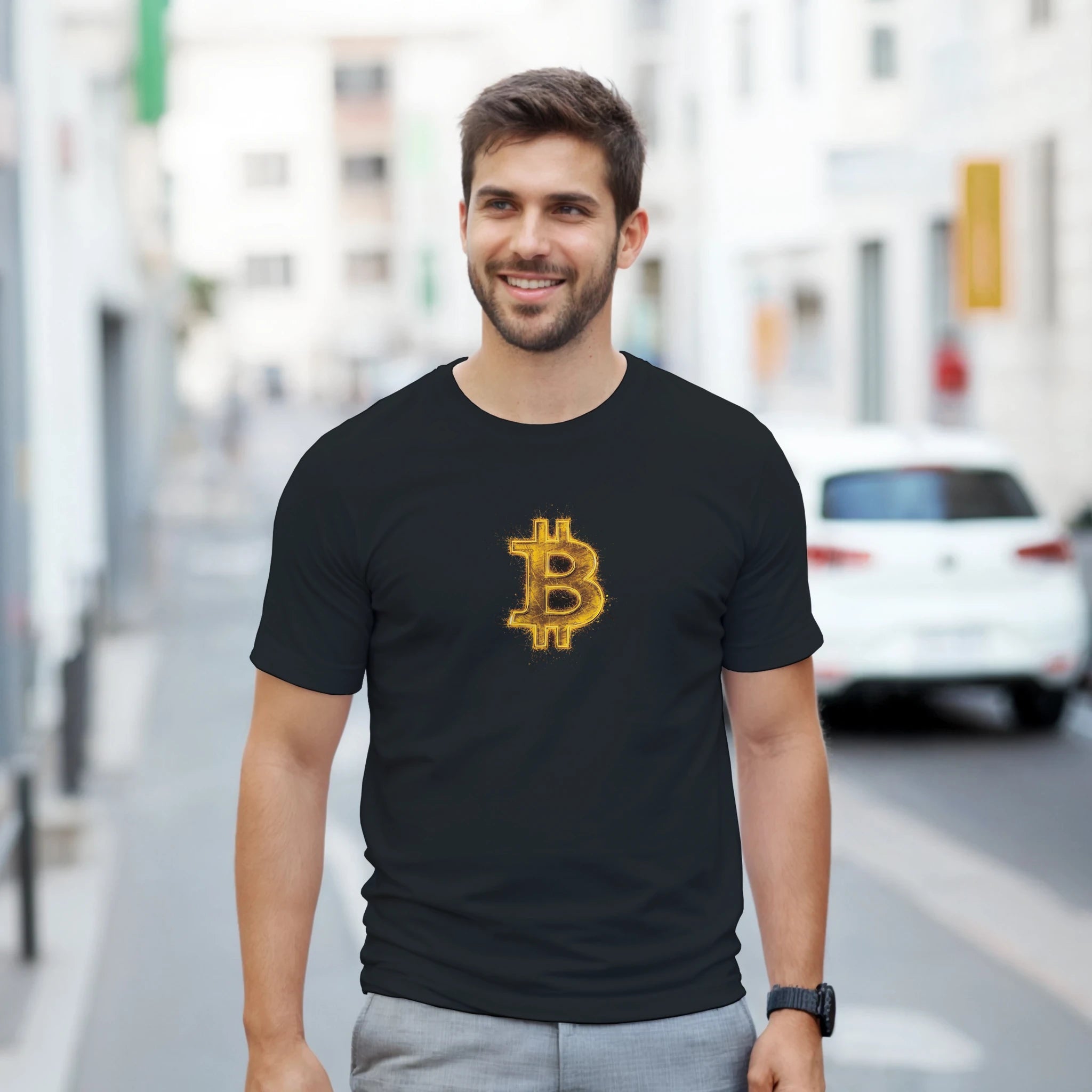 Man wearing a black t-shirt with a Bitcoin logo on a city street
