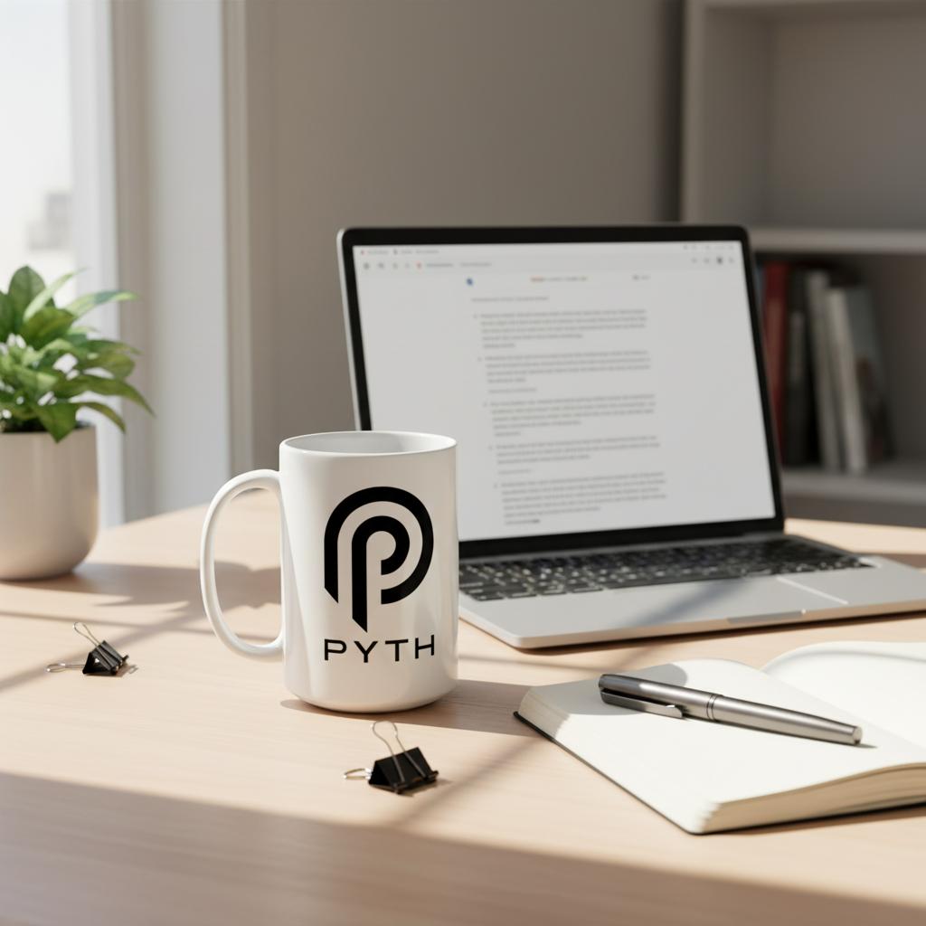 Mug with a logo on a desk next to a laptop