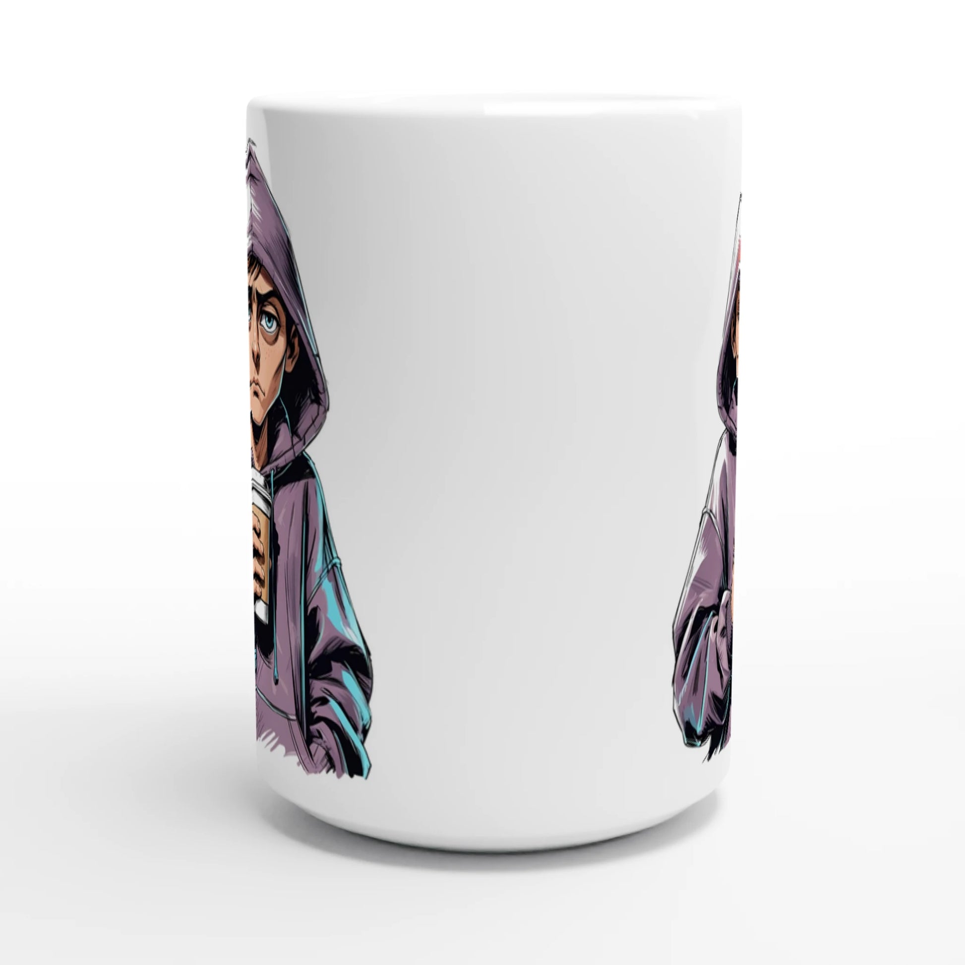 White mug with a graphic design of a character in a purple hoodie on a white background