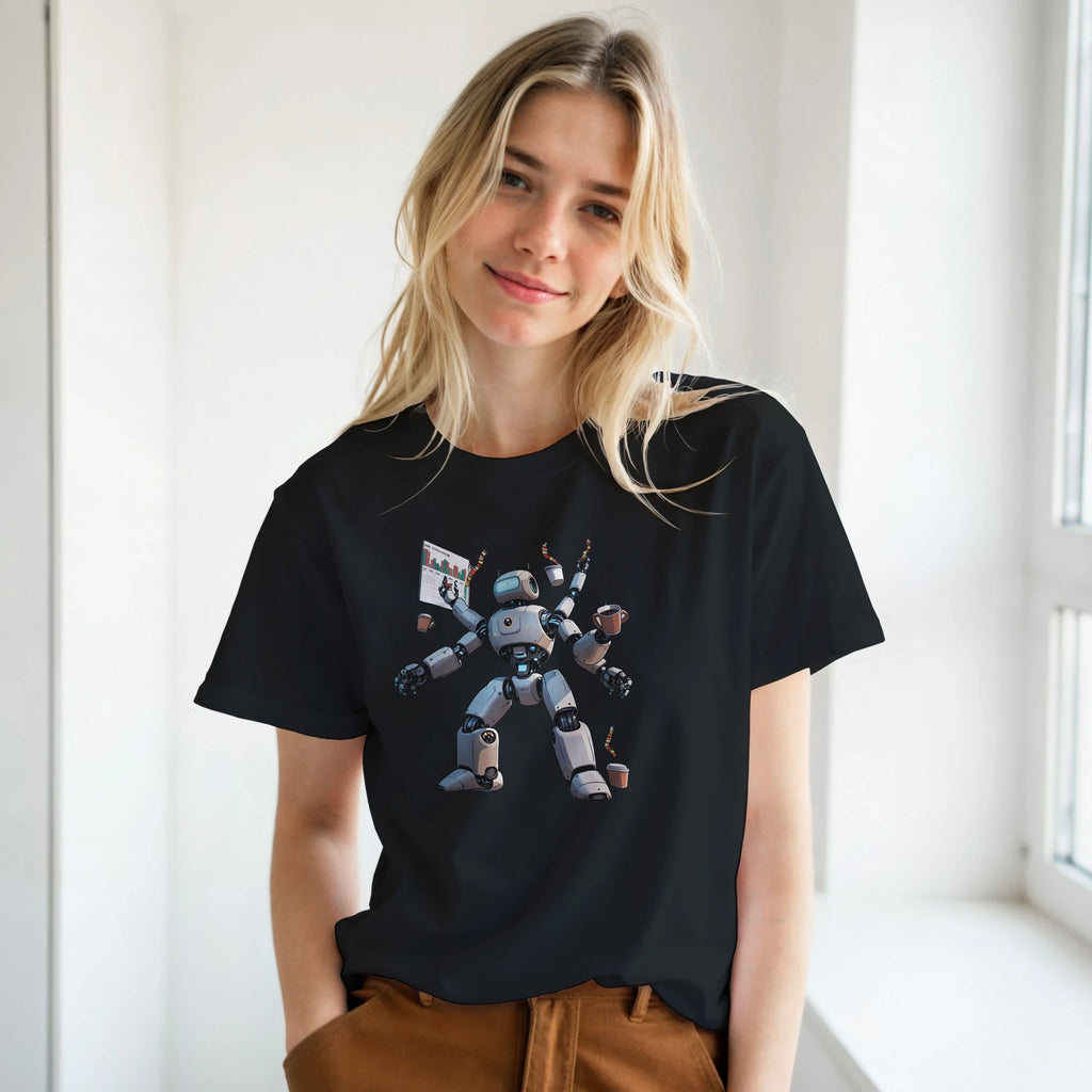 Person wearing a black t-shirt with a robot graphic design in a bright room.