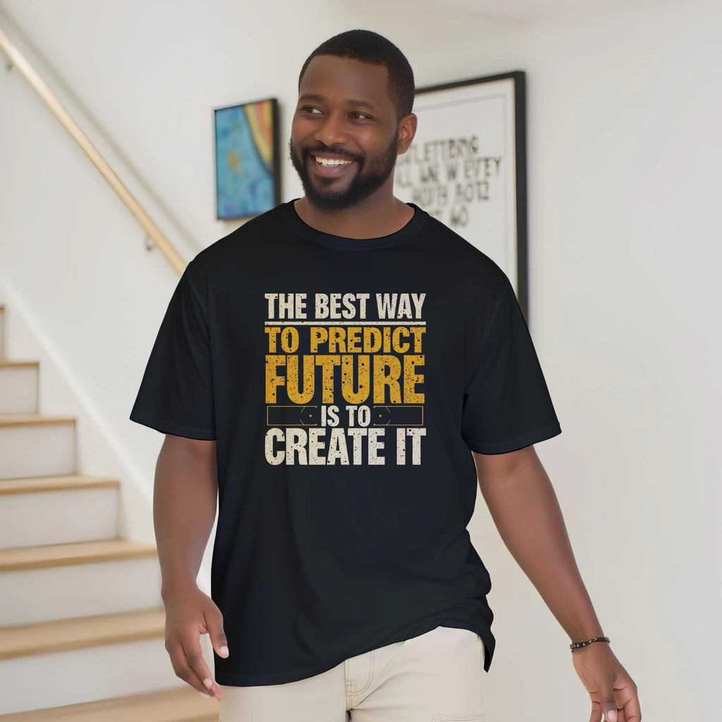 Man wearing a black t-shirt with motivational quote in a home setting
