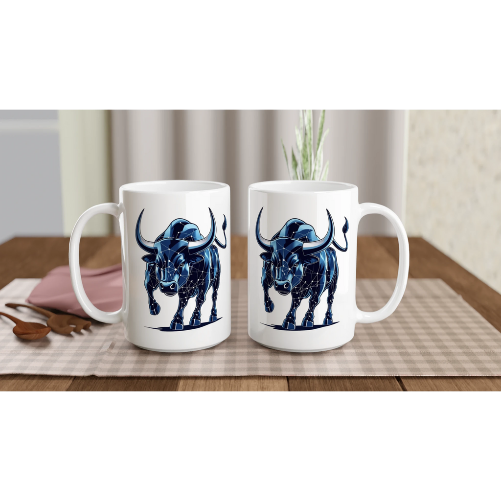 Two white mugs with blue bull designs on a wooden table.