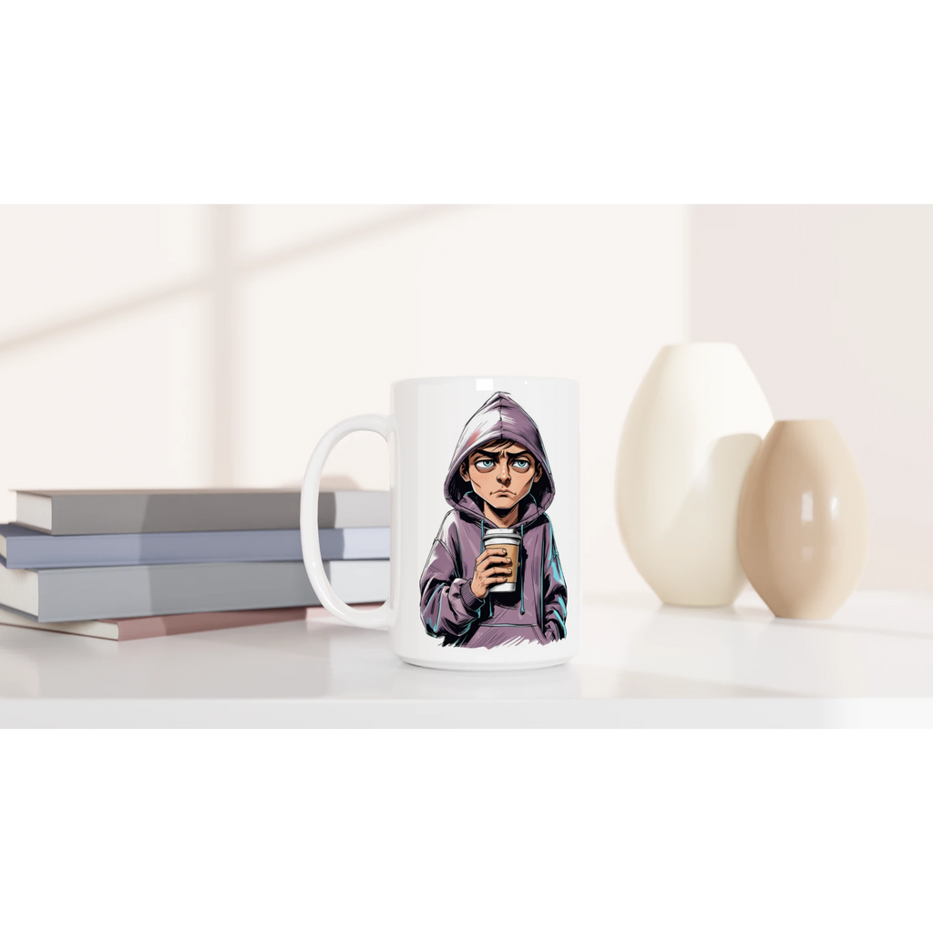 Mug with a graphic of a person in a hoodie holding a coffee cup on a white surface with books and decorative items.