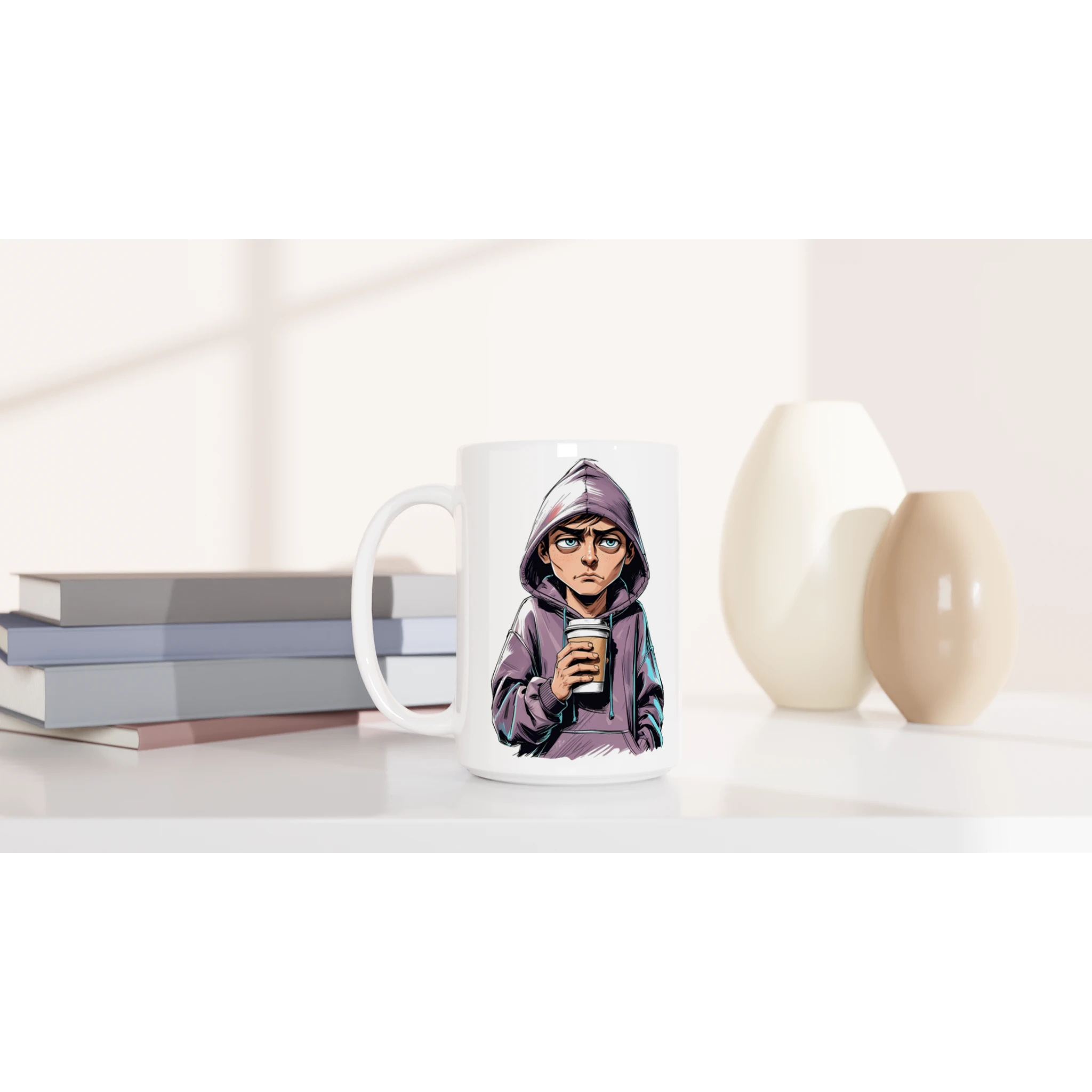 Mug with a graphic of a person in a hoodie holding a coffee cup on a white surface with books and decorative items.