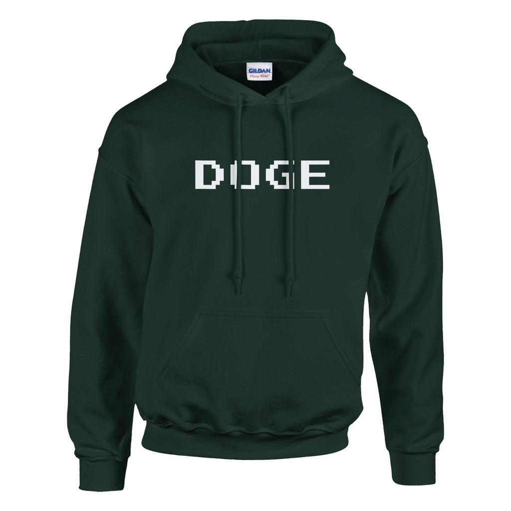 Dark green hoodie with 'DOGE' text on a white background