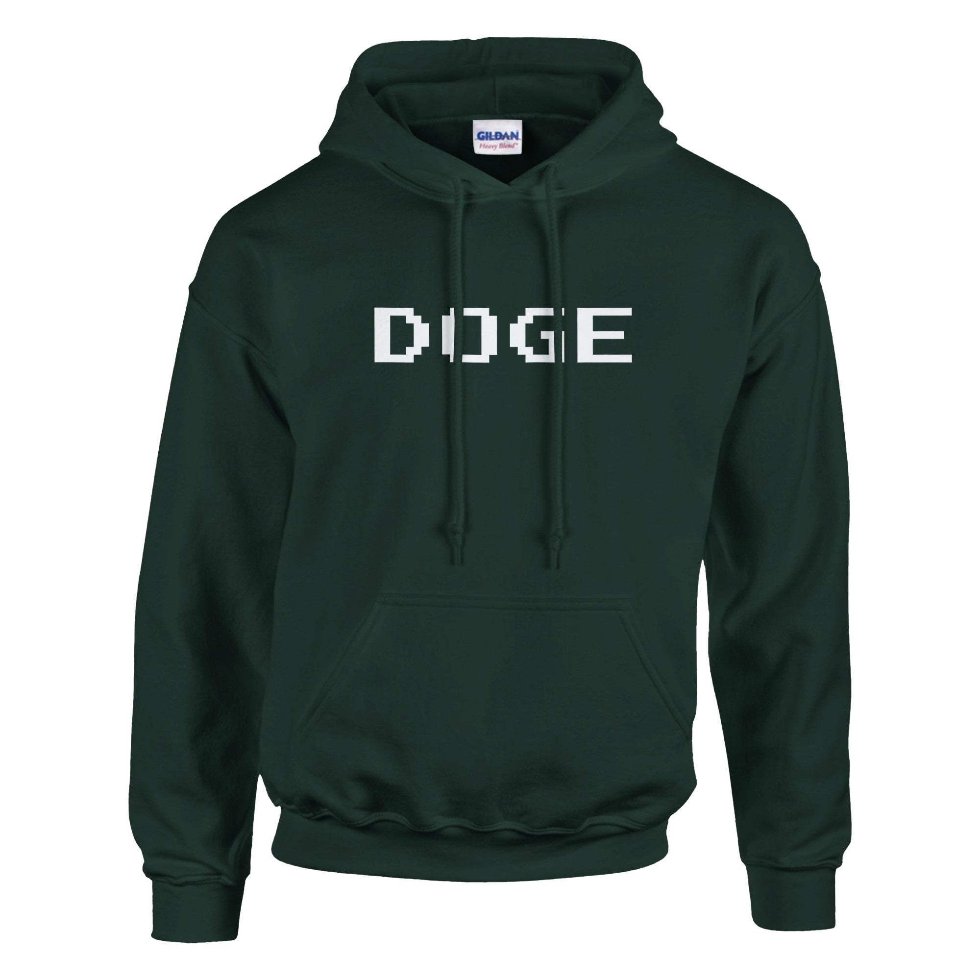 Dark green hoodie with 'DOGE' text on a white background