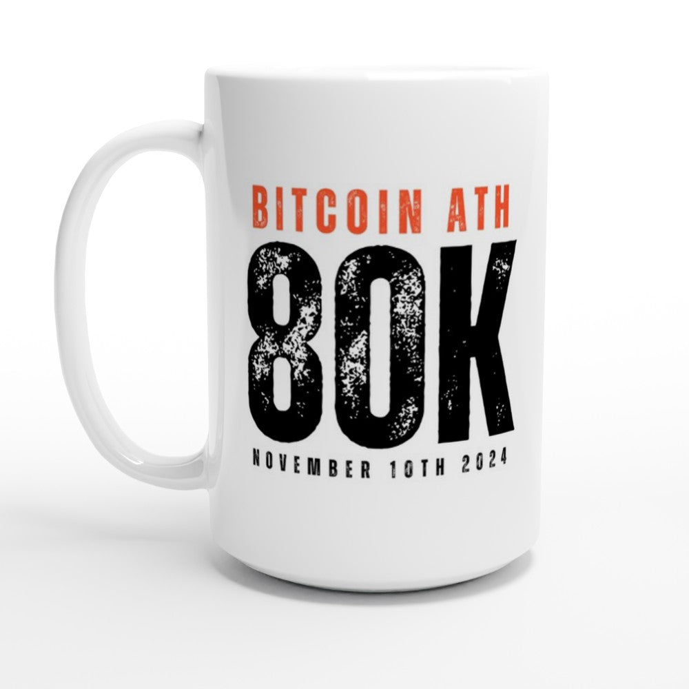 White mug with Bitcoin ATH 80K text on a white background