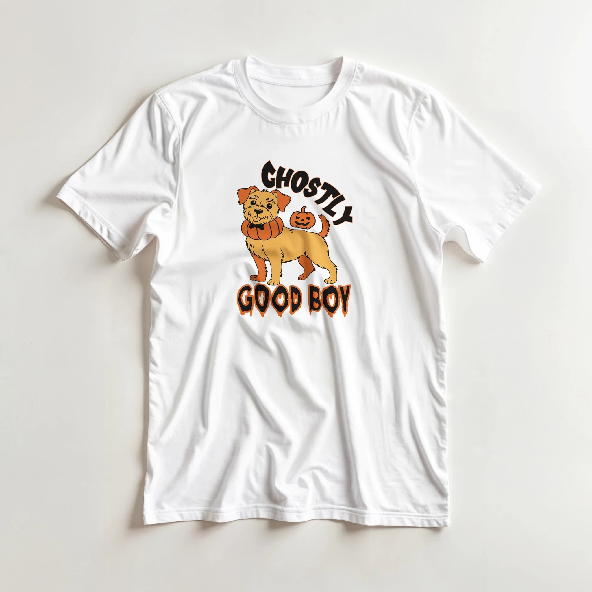 White t-shirt with a graphic of a dog and 'Ghostly Good Boy' text on a light gray background