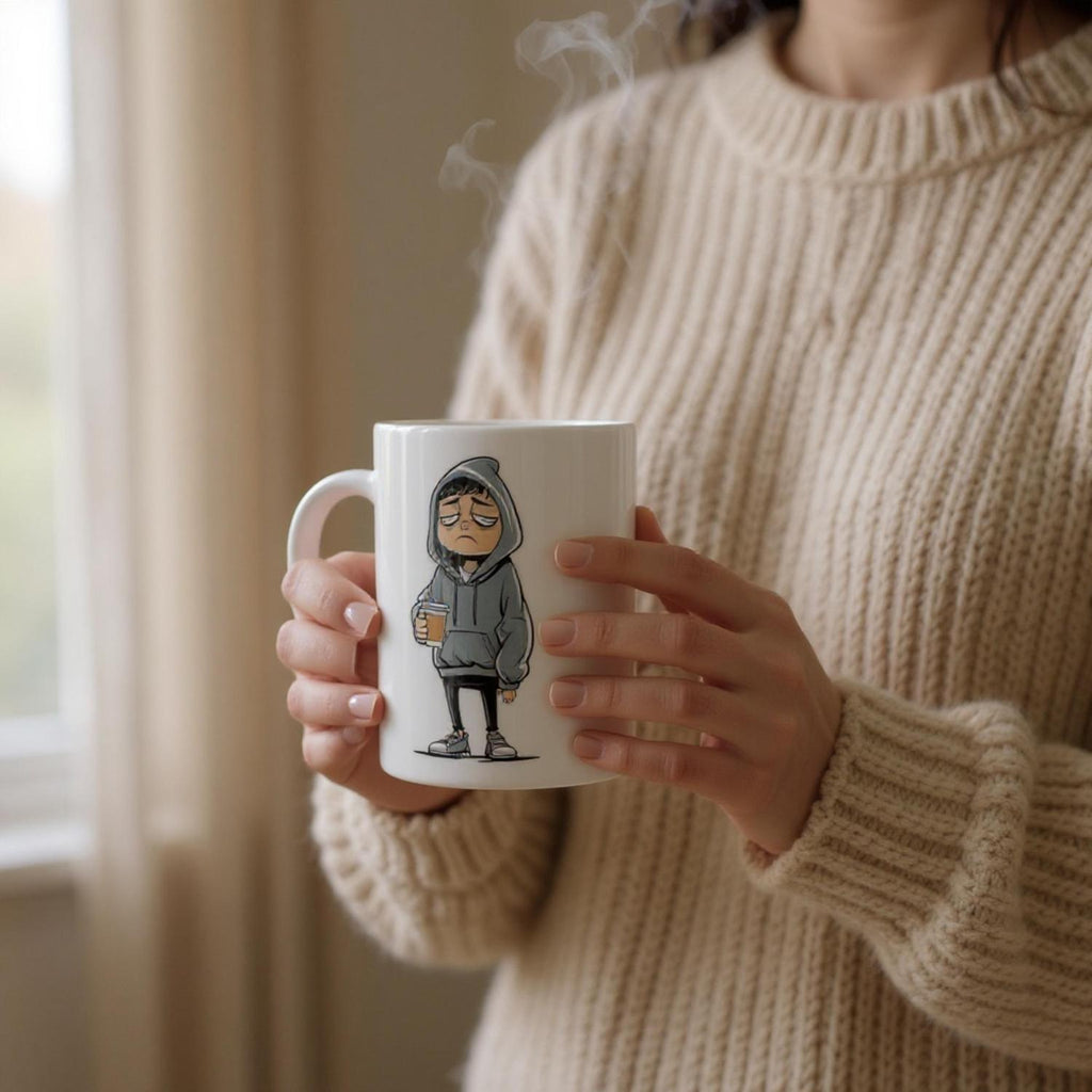 Person holding a mug with a cartoon character design, wearing a beige sweater.