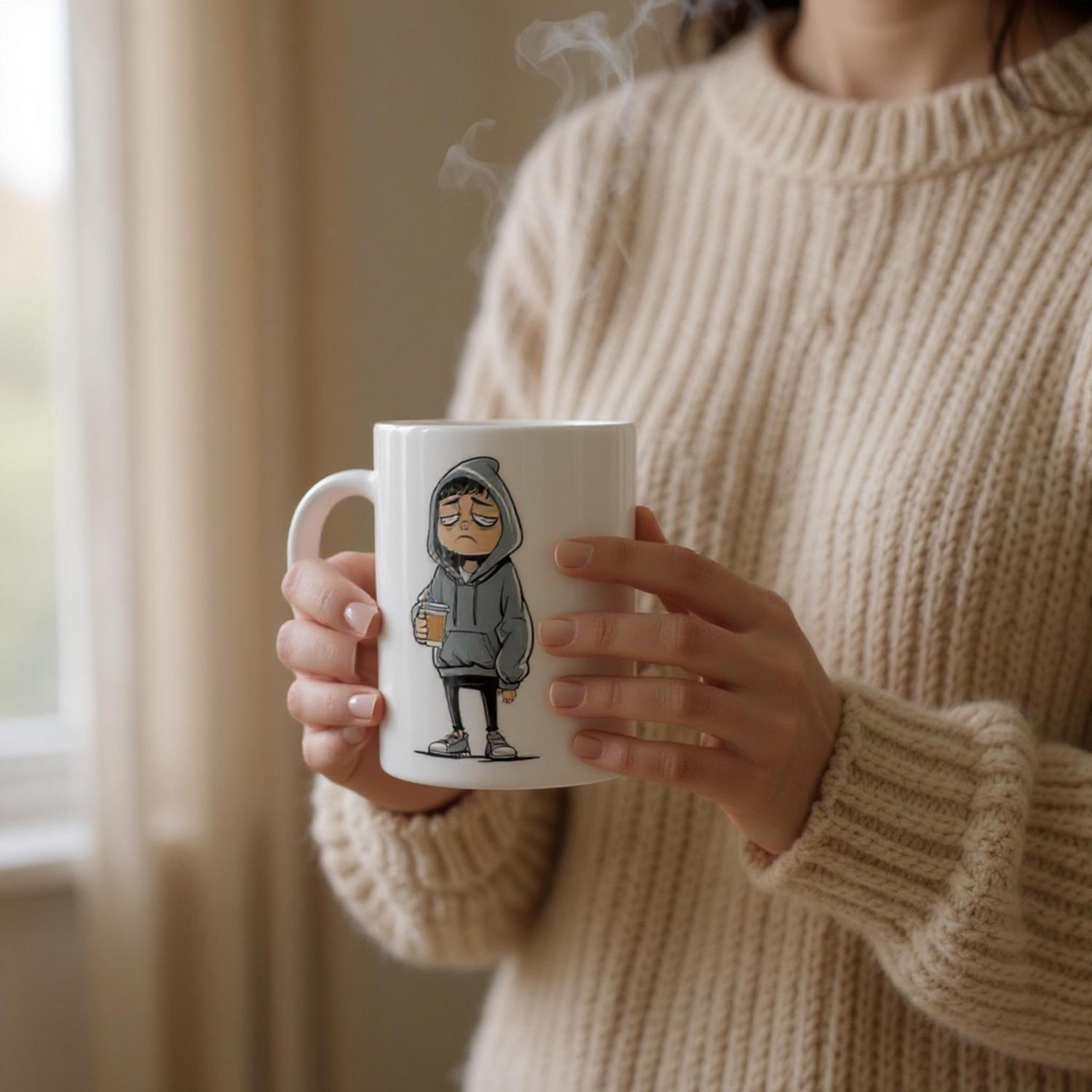 Person holding a mug with a cartoon character design, wearing a beige sweater.