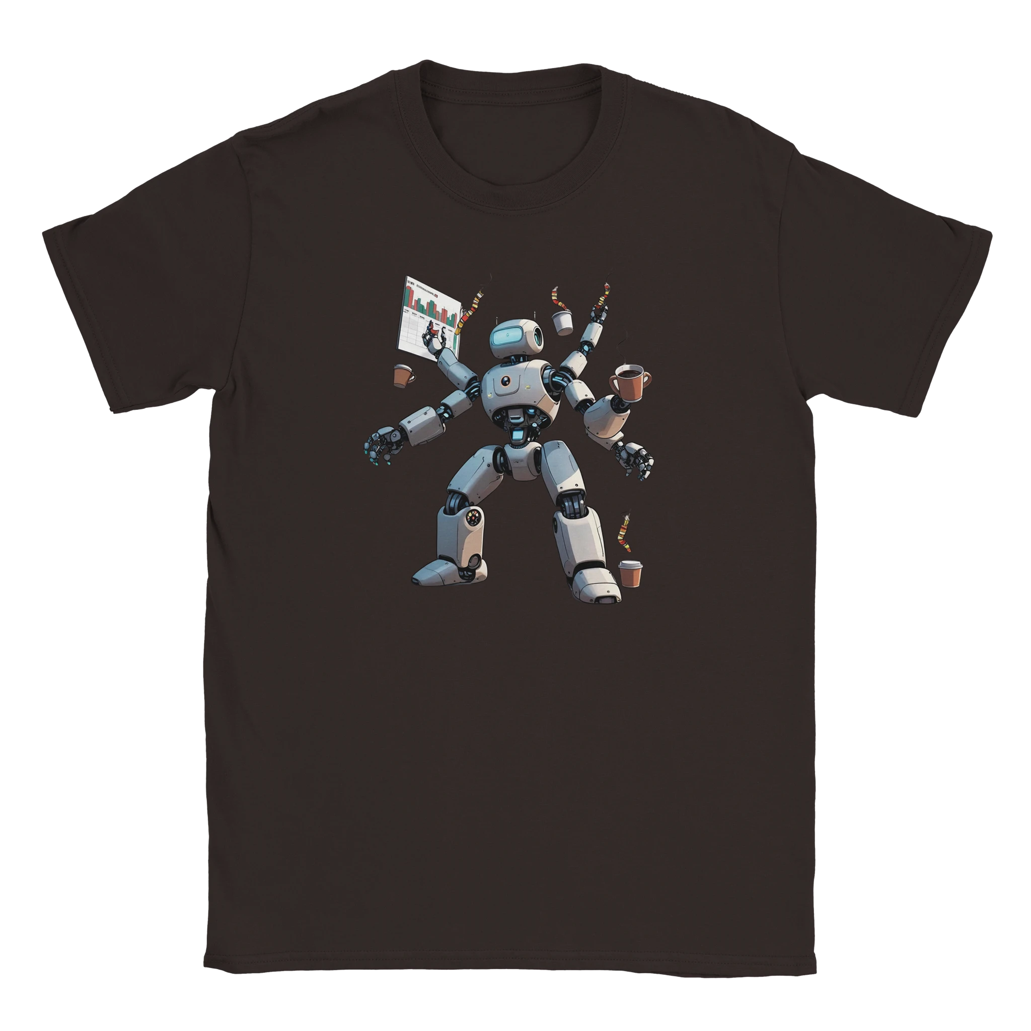 Dark Chocolate  t-shirt with a robot graphic on a white background