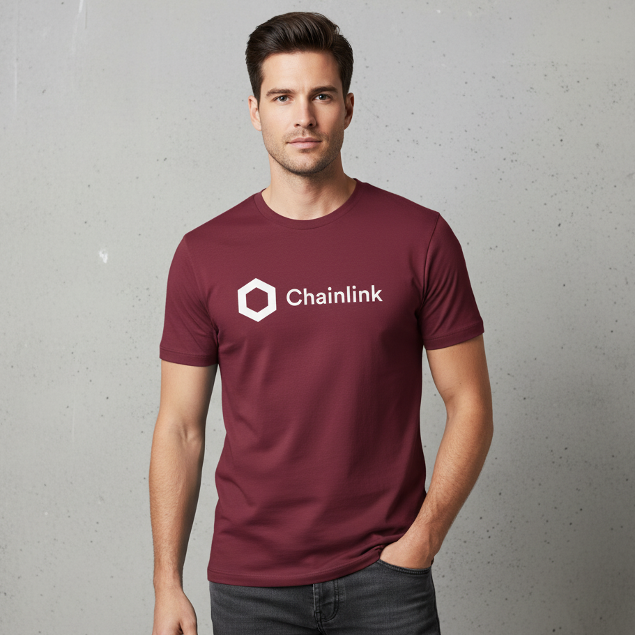 Man wearing a maroon t-shirt with Chainlink logo against a gray background