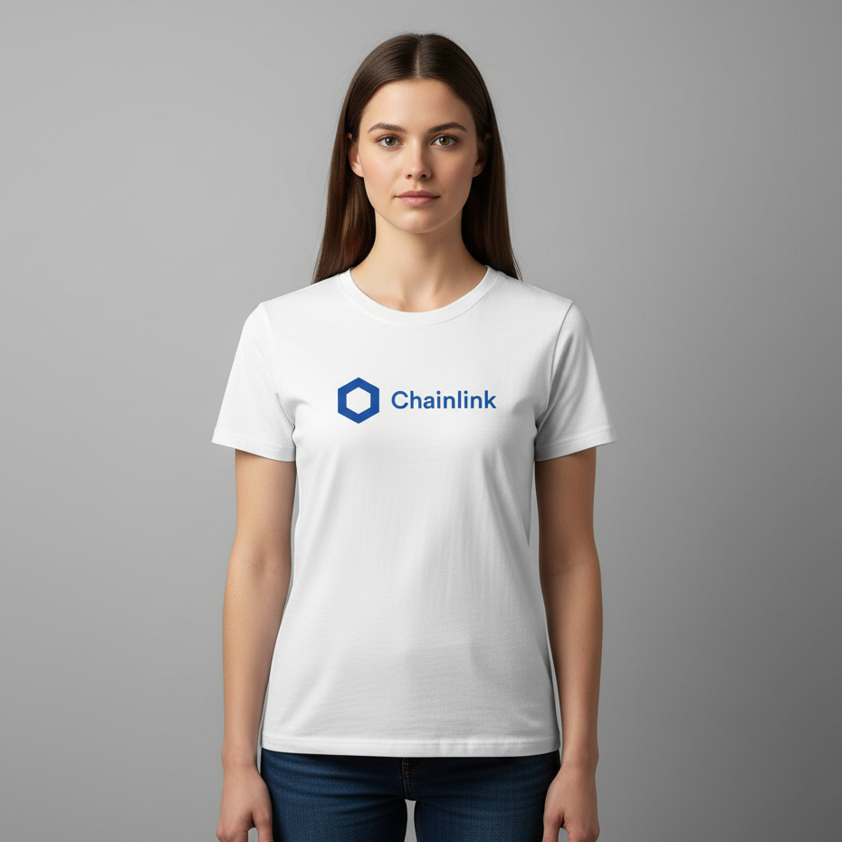 Person wearing a white t-shirt with Chainlink logo on a gray background