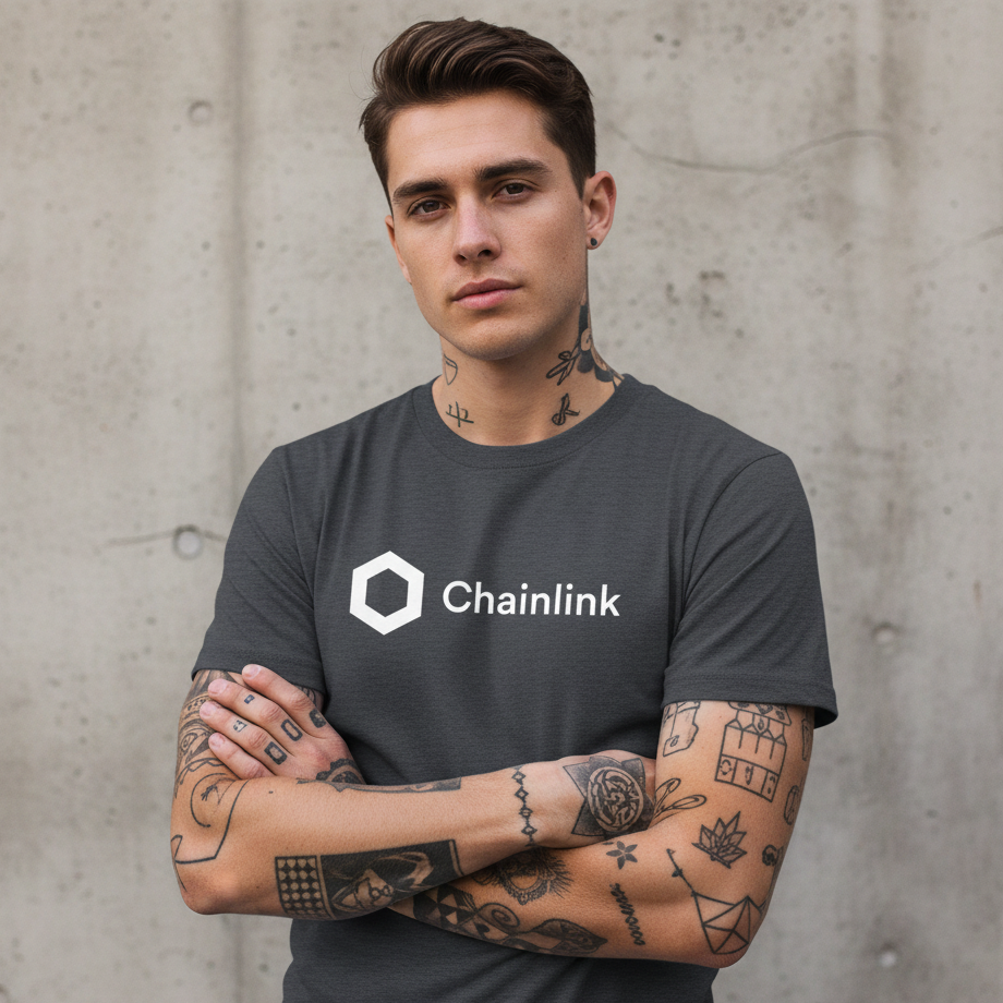 Man wearing a dark gray t-shirt with Chainlink logo against a concrete wall