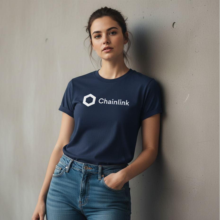 Person wearing a navy blue t-shirt with Chainlink logo against a plain wall