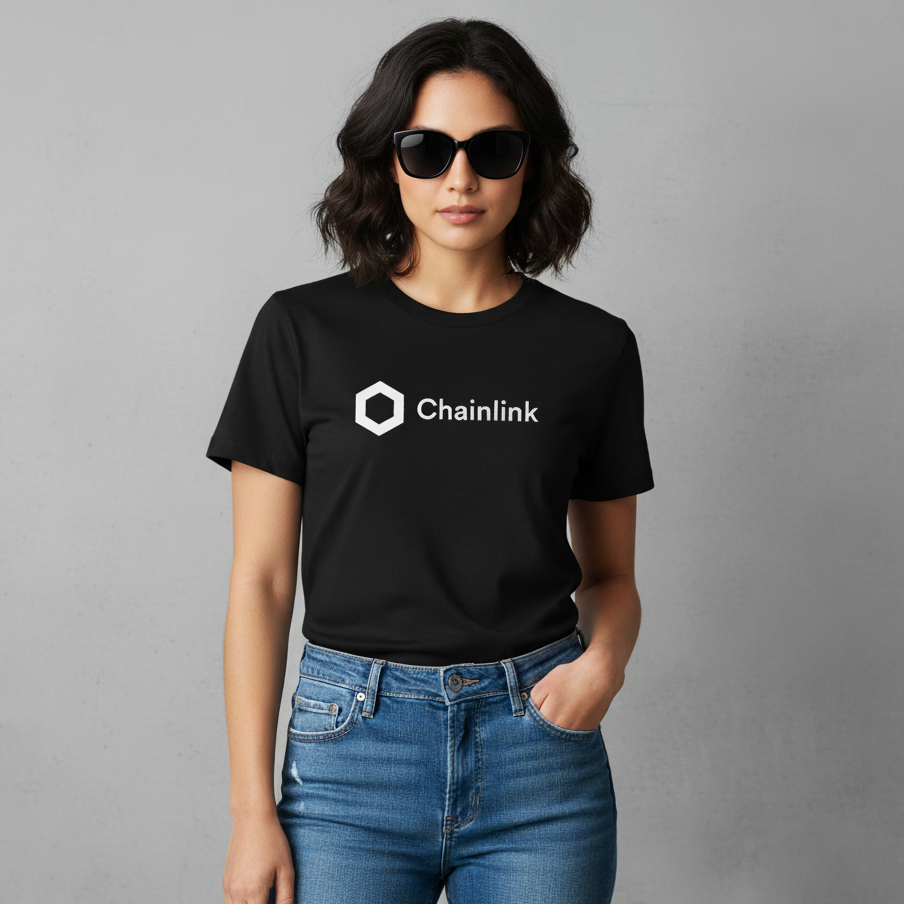 Person wearing a black t-shirt with Chainlink logo on a gray background