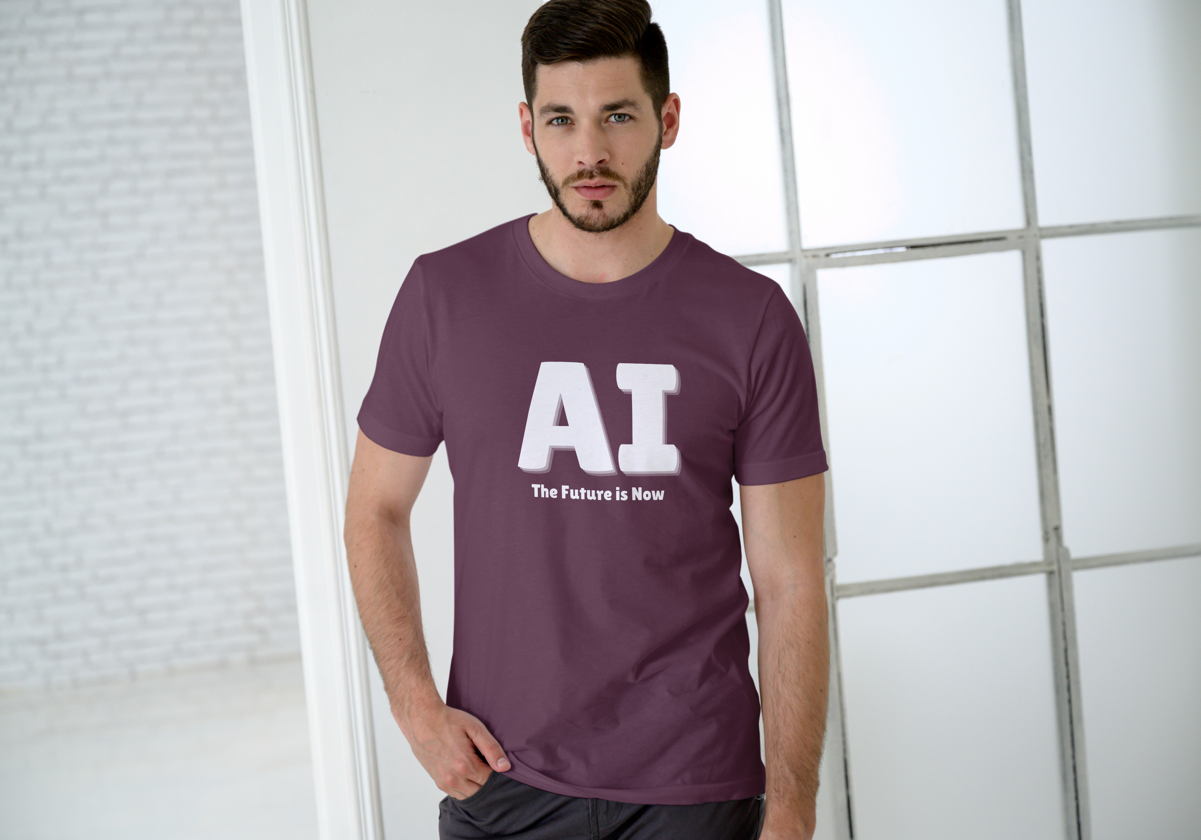 Man wearing a purple t-shirt with 'AI The Future is Now' text in a modern indoor setting