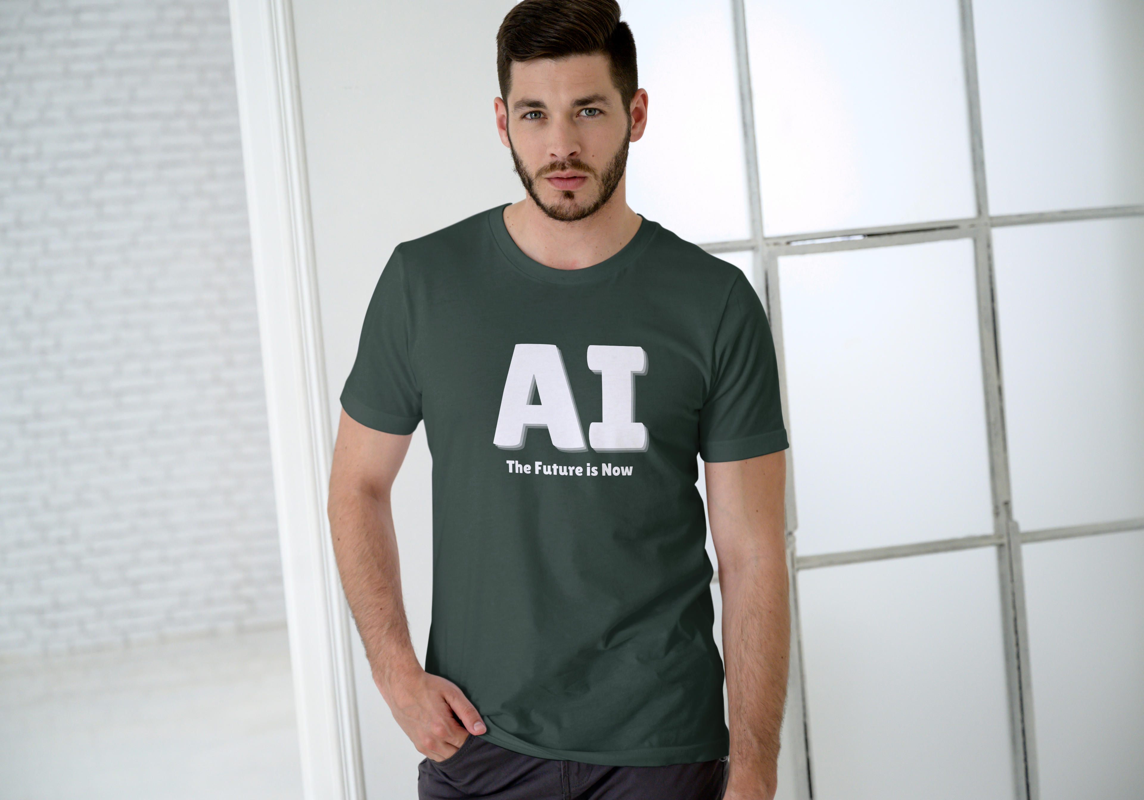 Man wearing a forest green t-shirt with 'AI The Future is Now' text in a modern indoor setting