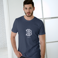 Man wearing a navy blue t-shirt with a Bitcoin logo on a light background