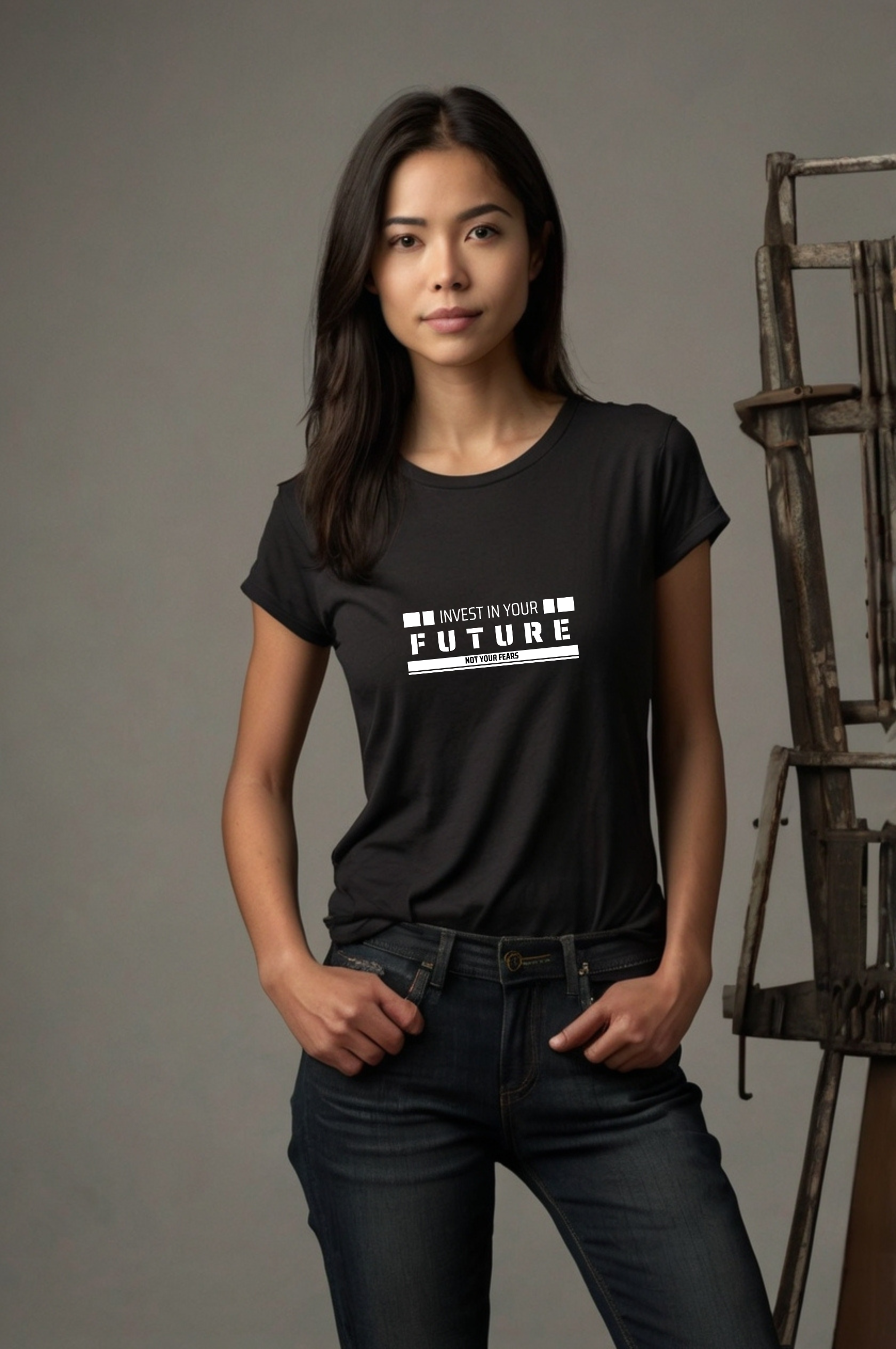 Woman wearing a black t-shirt with text, standing against a gray background