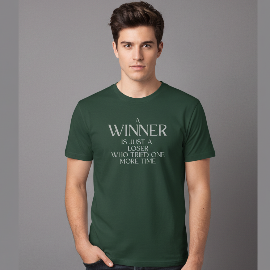 Man wearing a green t-shirt with a motivational quote on a gray background