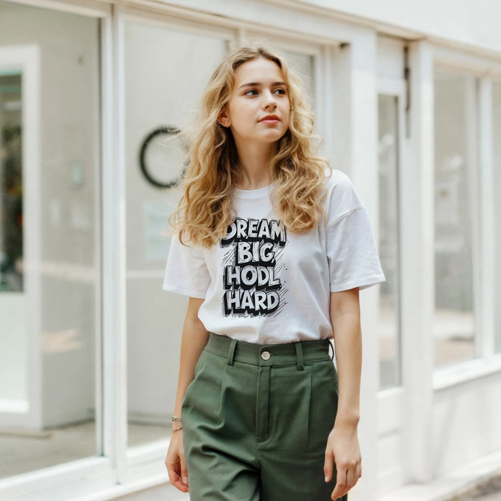 Woman wearing a white t-shirt with text and green pants standing in front of a glass door.