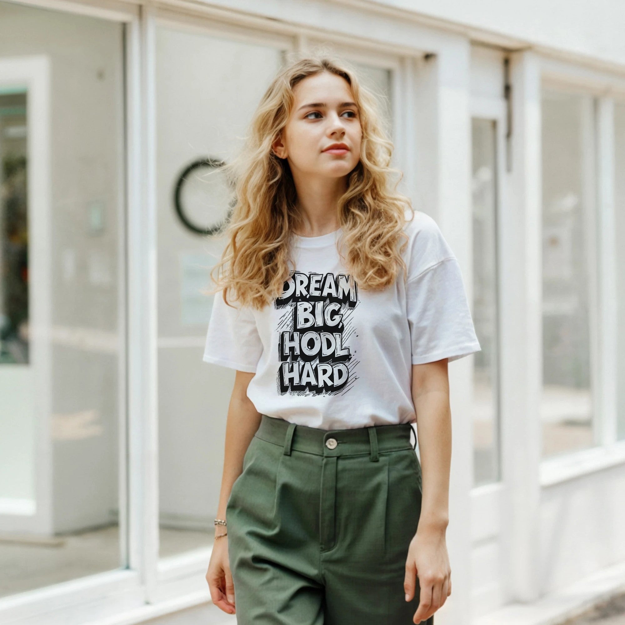 Woman wearing a white t-shirt with text and green pants standing in front of a glass door.