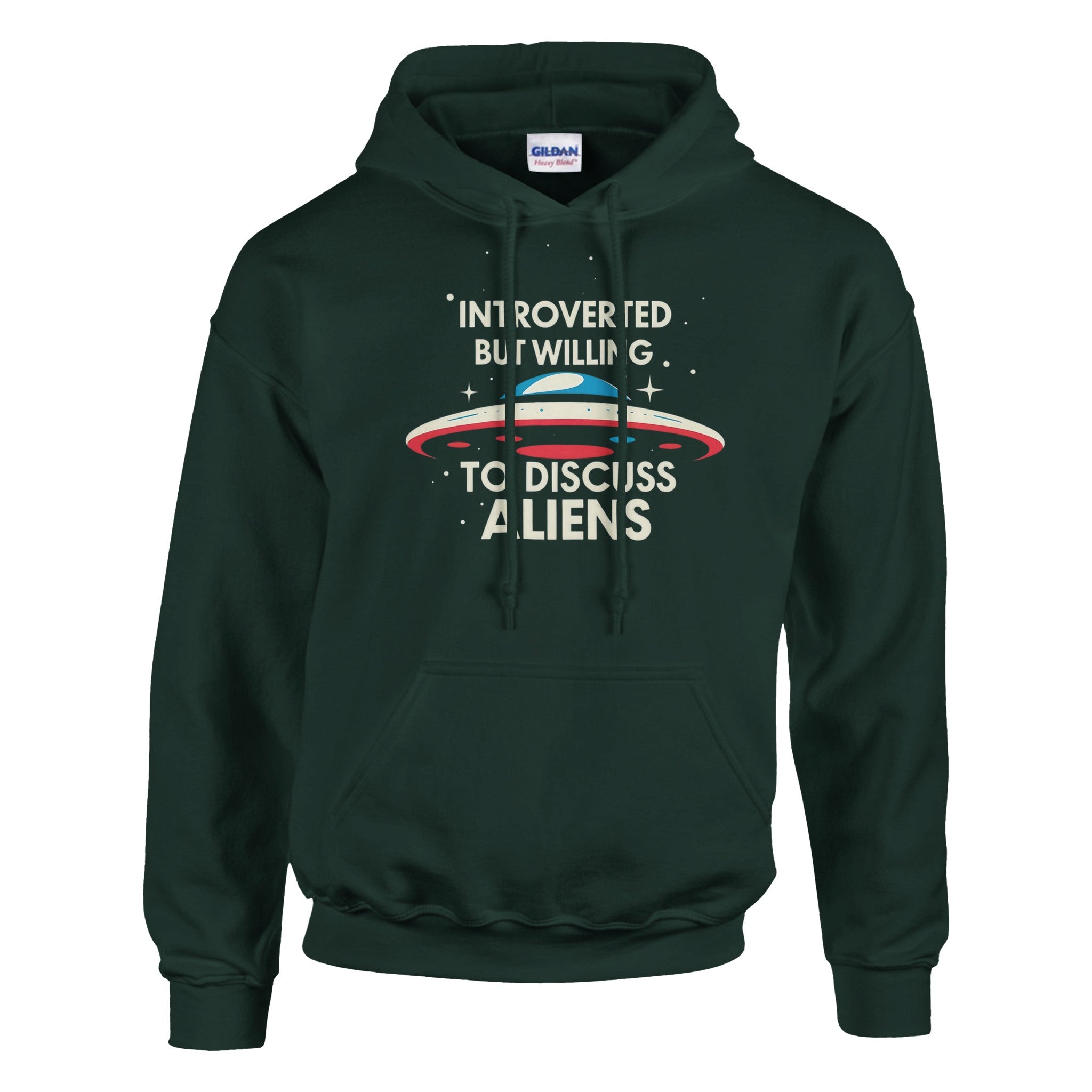 Dark green hoodie with alien-themed graphic and text on a white background