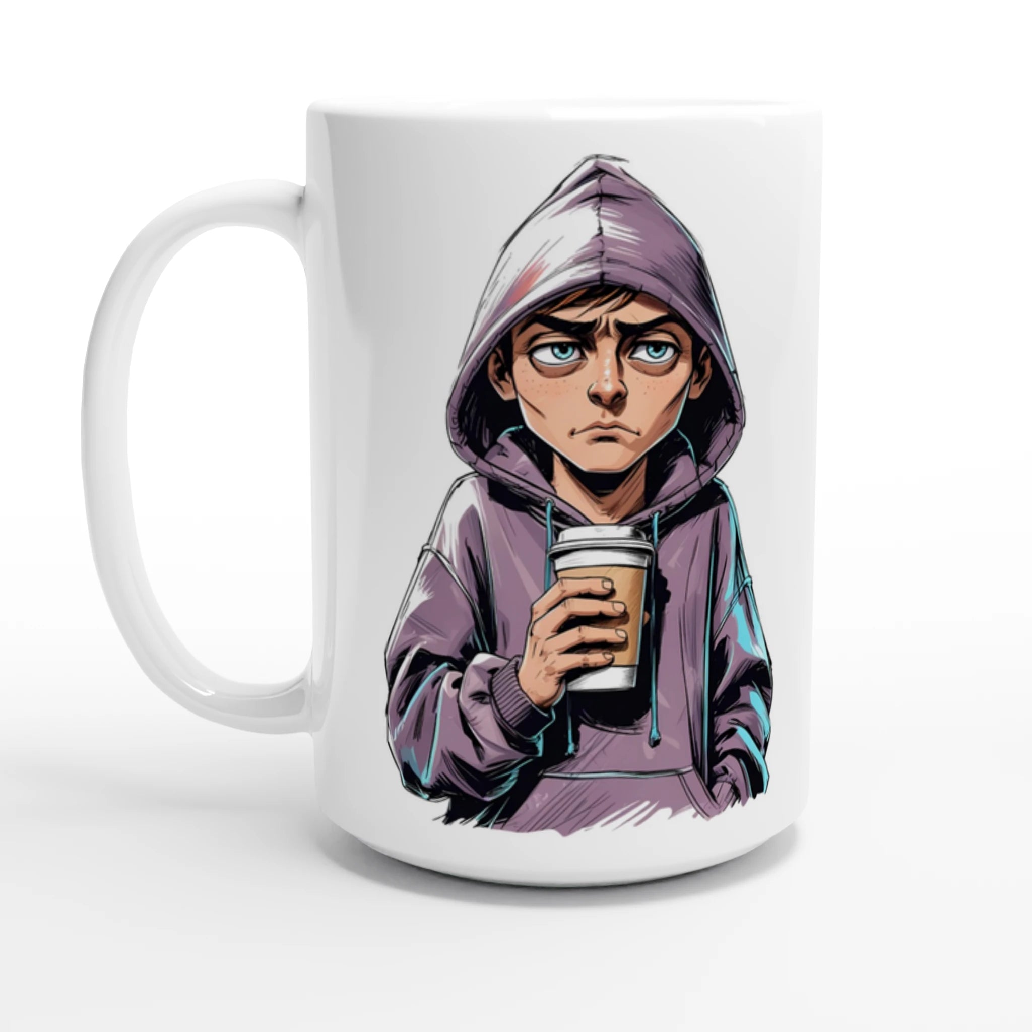 Mug with a graphic design of a person in a purple hoodie holding a coffee cup on a white background