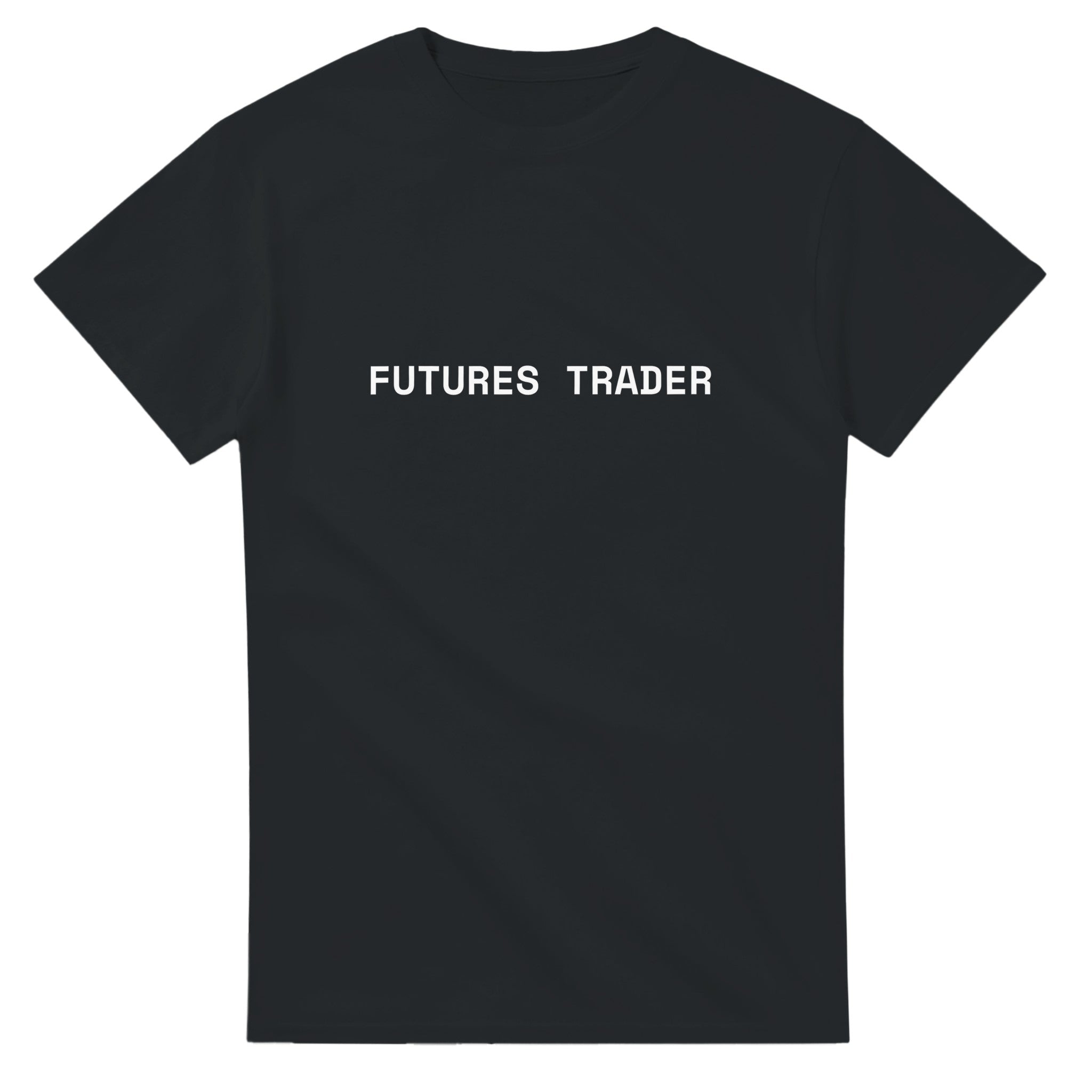 Black t-shirt with 'FUTURES TRADER' text on a white background