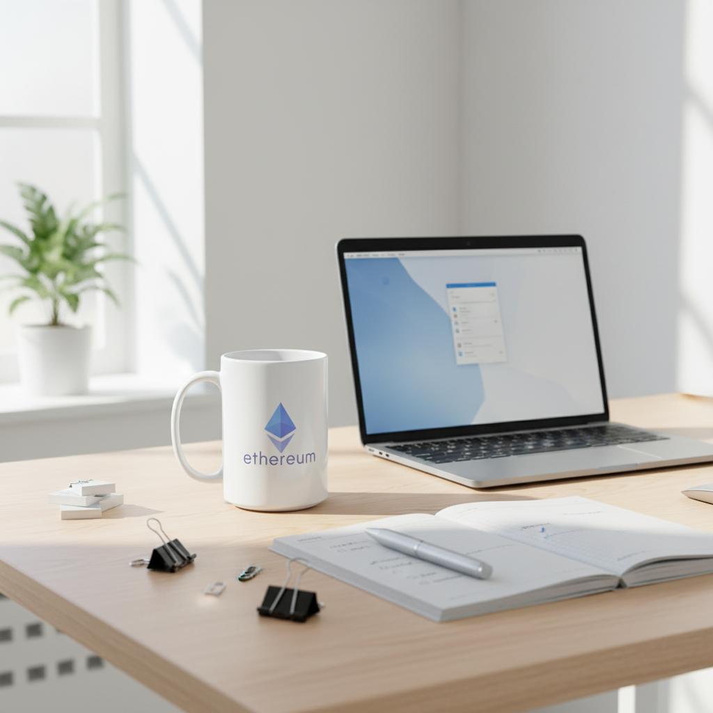 Laptop on a desk with an Ethereum mug and stationery items, in a bright room.