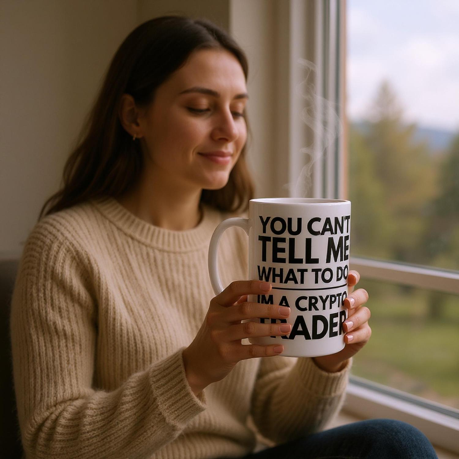 Woman holding a mug with text by a window