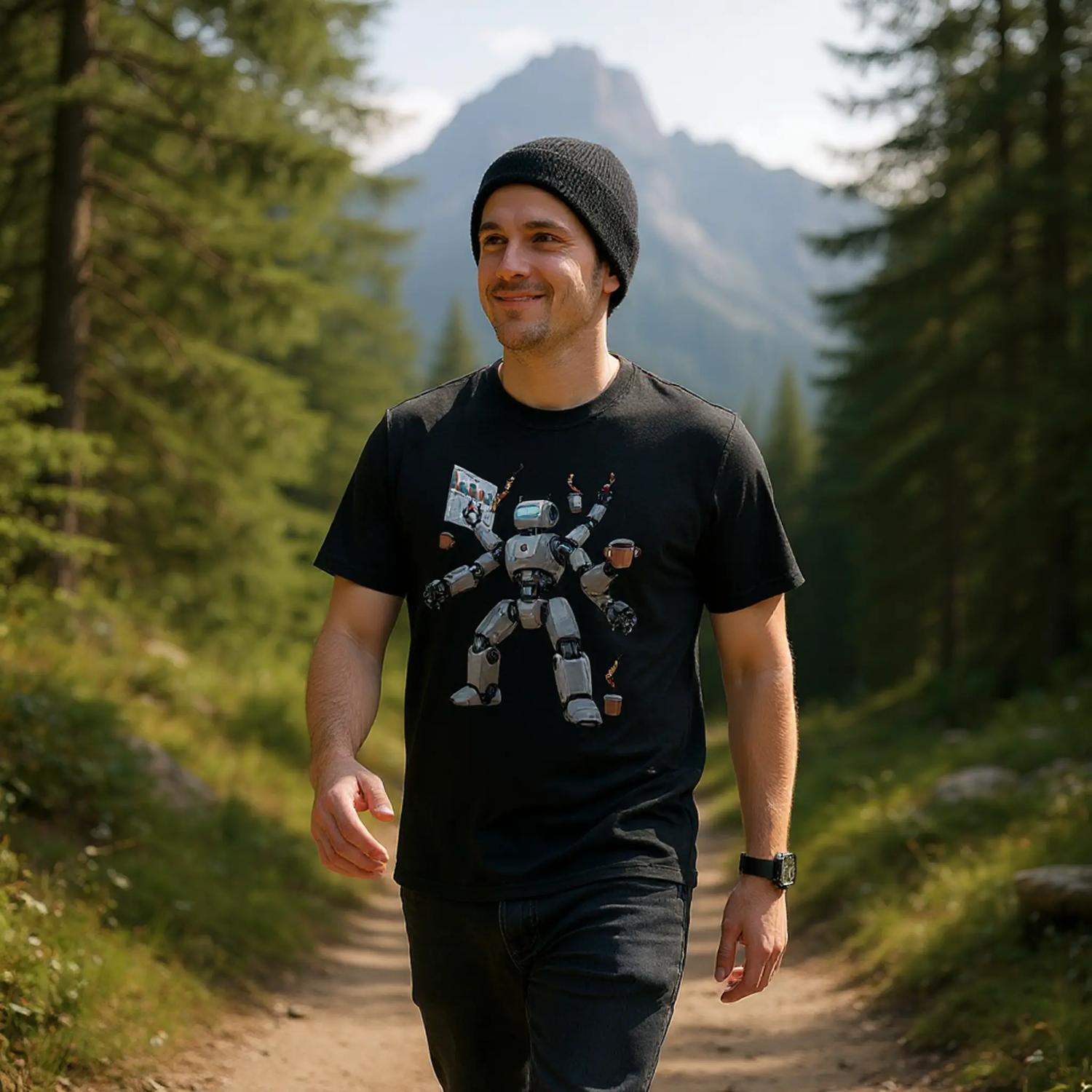 Man walking on a trail with mountains and trees in the background