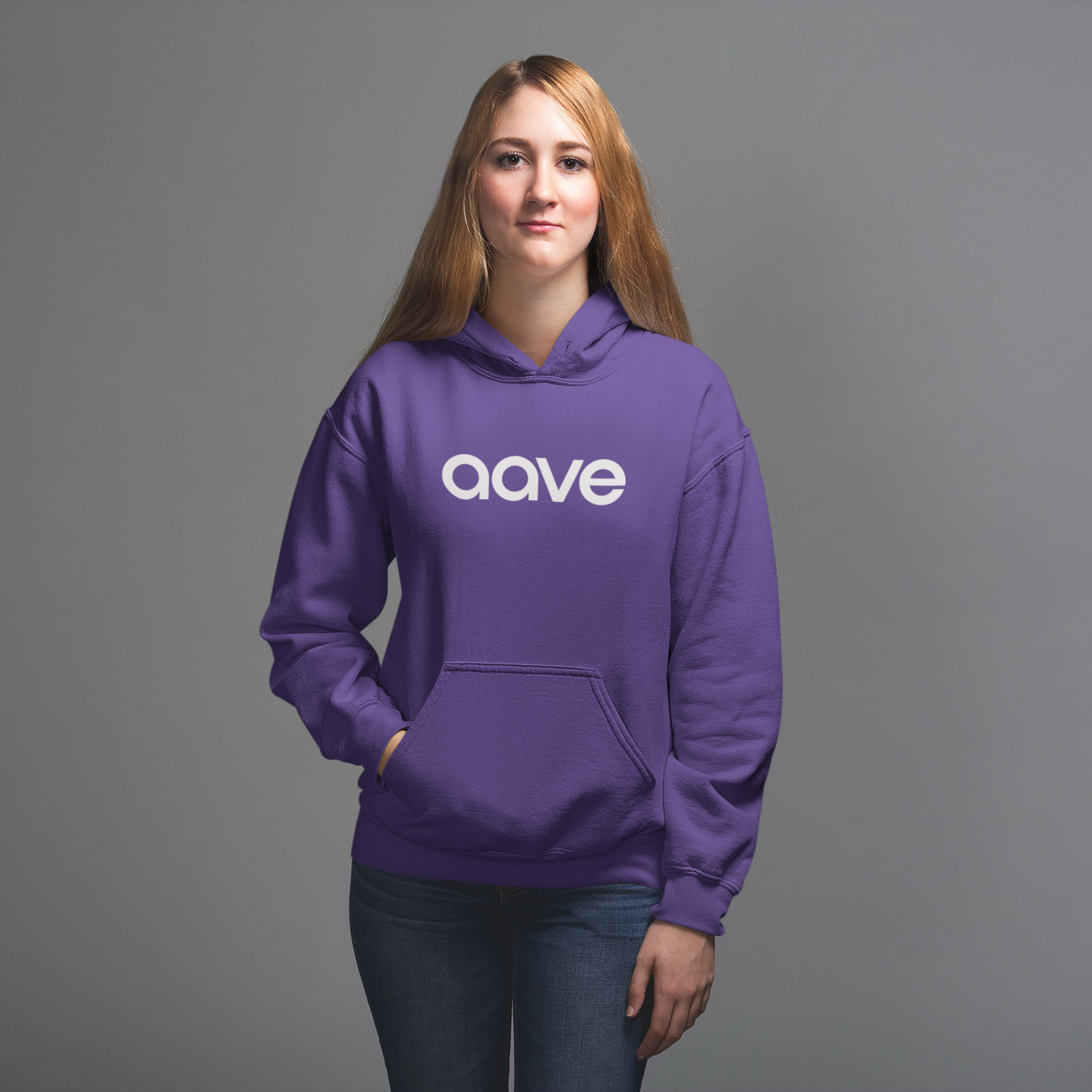 Person wearing a purple hoodie with 'aave' logo on a gray background
