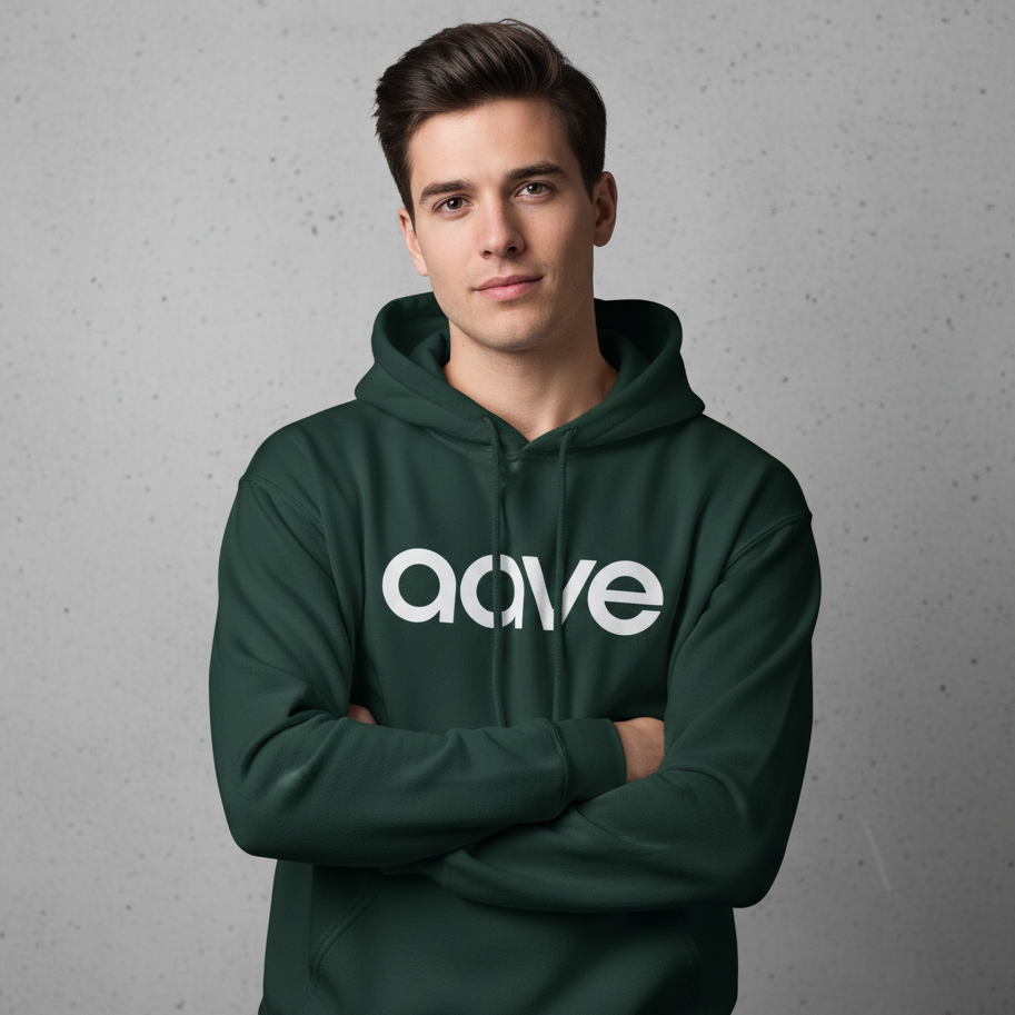 Person wearing a green hoodie with 'aave' logo on a gray background