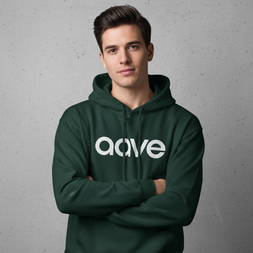 Person wearing a green hoodie with 'aave' logo on a gray background