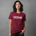Person wearing a maroon t-shirt with 'aave' logo on a gray background