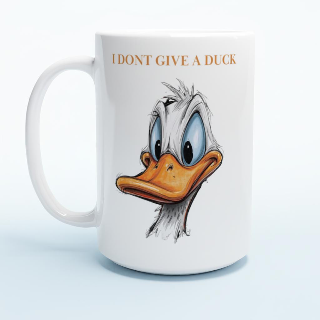 Mug with cartoon duck face and text 'I Don't Give a Duck' on a white background