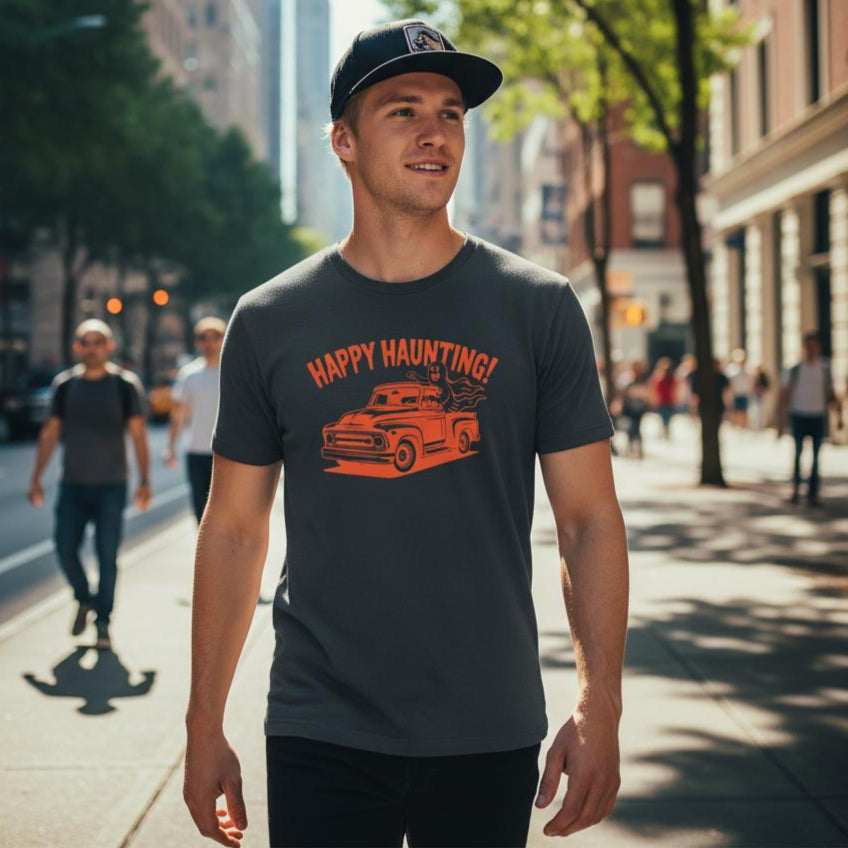 Man wearing a 'Happy Haunting!' t-shirt on a city street